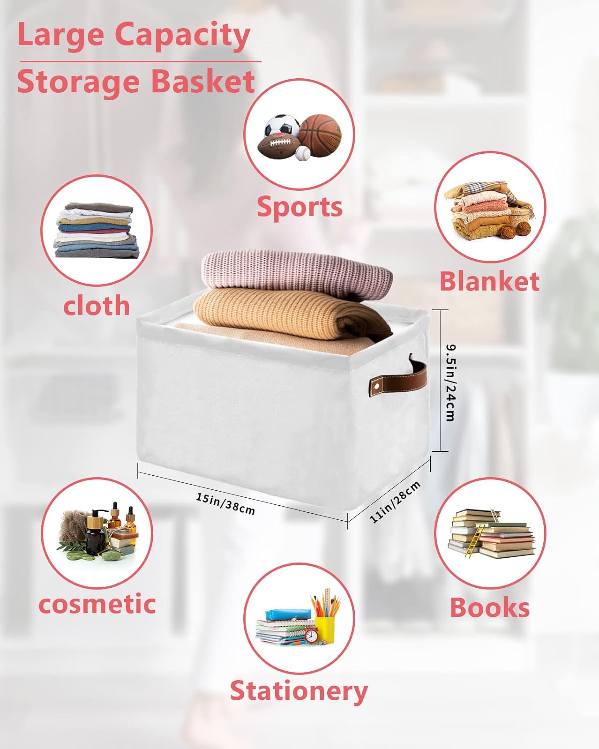 Cesta de almacenamiento blanca para organizar estantes, cajas de almacenamiento plegables con asa, moderno y simple telón de fondo blanco de lona,