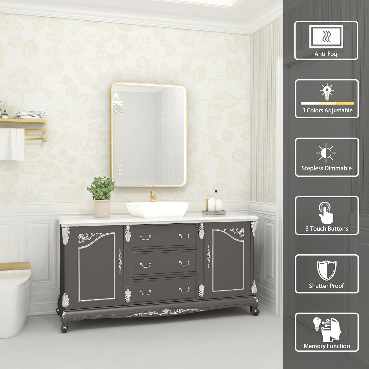 Twalsu Espejo de baño LED de 24 x 36 pulgadas con luces, espejo LED con marco de metal dorado para baño, 3 colores y espejo de tocador iluminado
