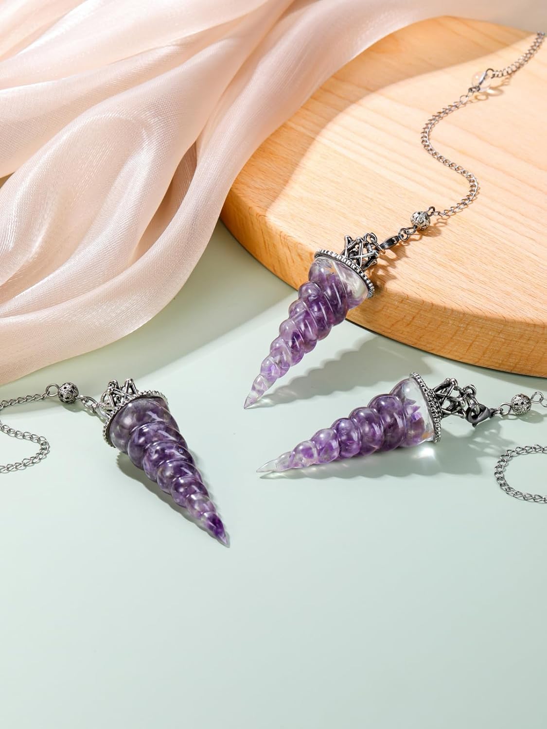 Jovivi Péndulos de cristal de amatista natural para radiestesia de adivinación, corona de cono de espiral, péndulo puntiagudo con cadena, piedras de