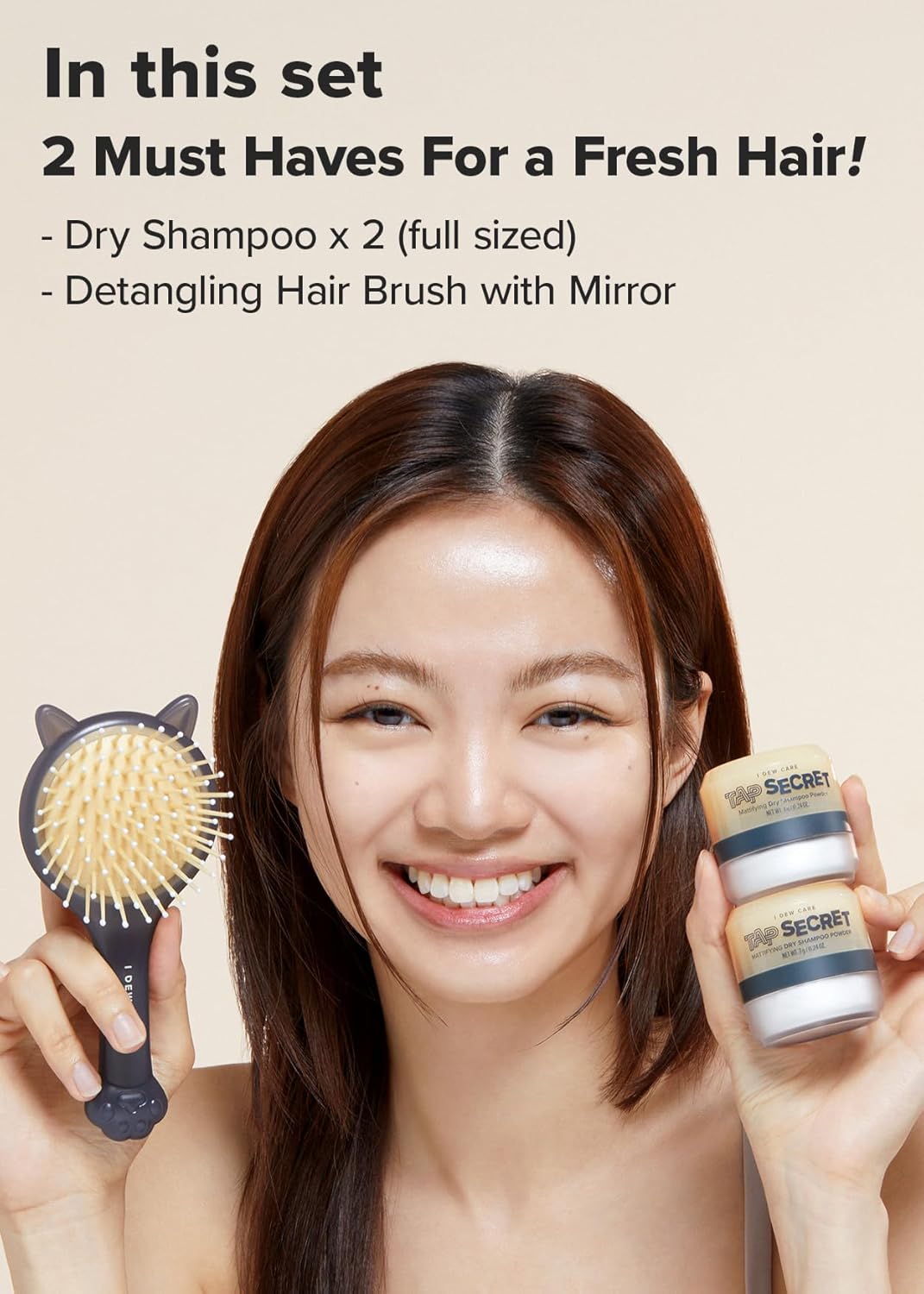 I DEW CARE – Juego de champú seco y cepillo para el cabello – Tap Secret Box  Cabello de aspecto más completo, sin aerosol, sin benceno, cepillo