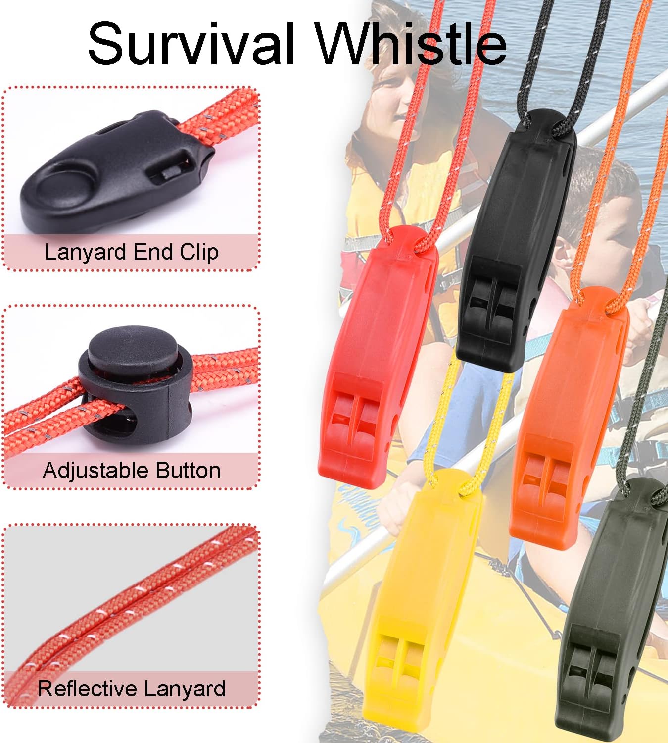 Paquete de 4 silbatos de emergencia con cordón reflectante ajustable, silbato de seguridad para supervivencia al aire libre, senderismo, camping,