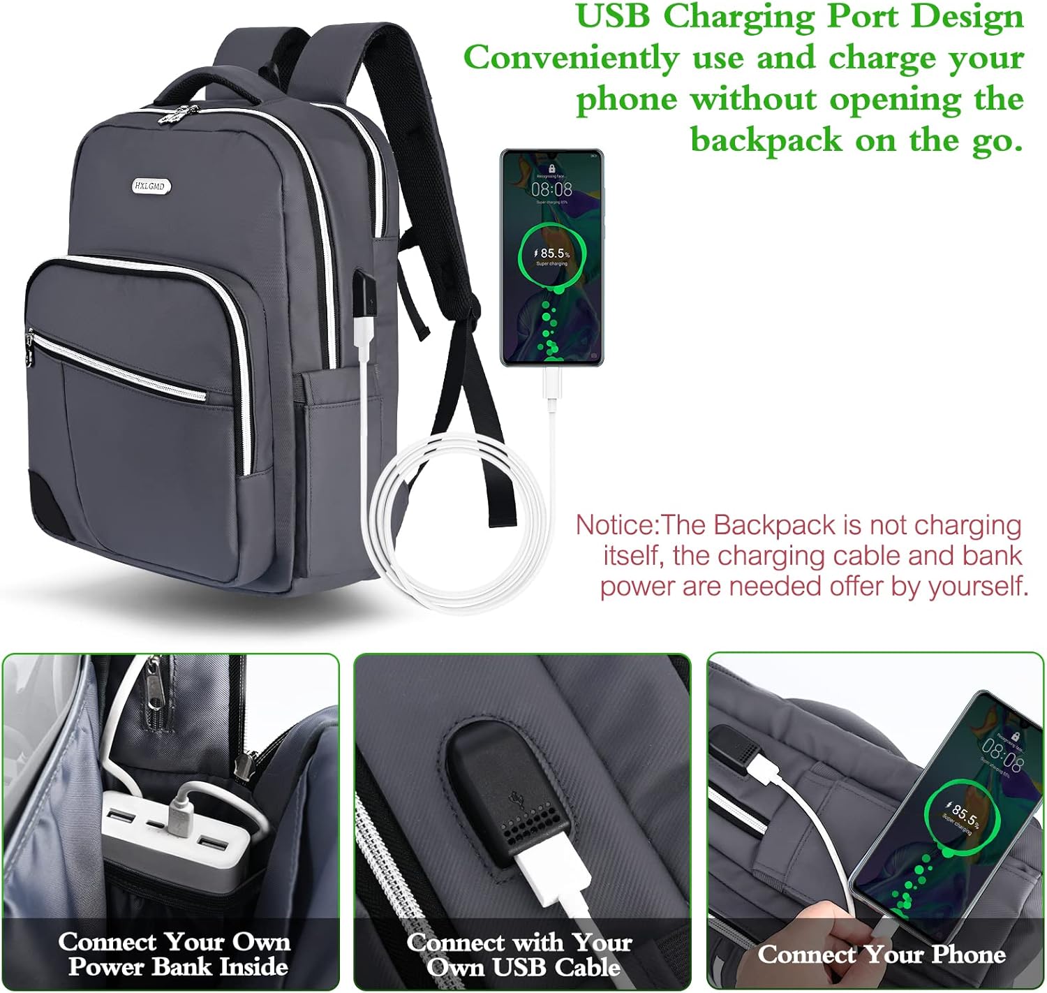 Mochila para laptop de negocios para hombres y mujeres con puerto de carga USB, duradera mochila universitaria para computadora, Gris, Mochilas de