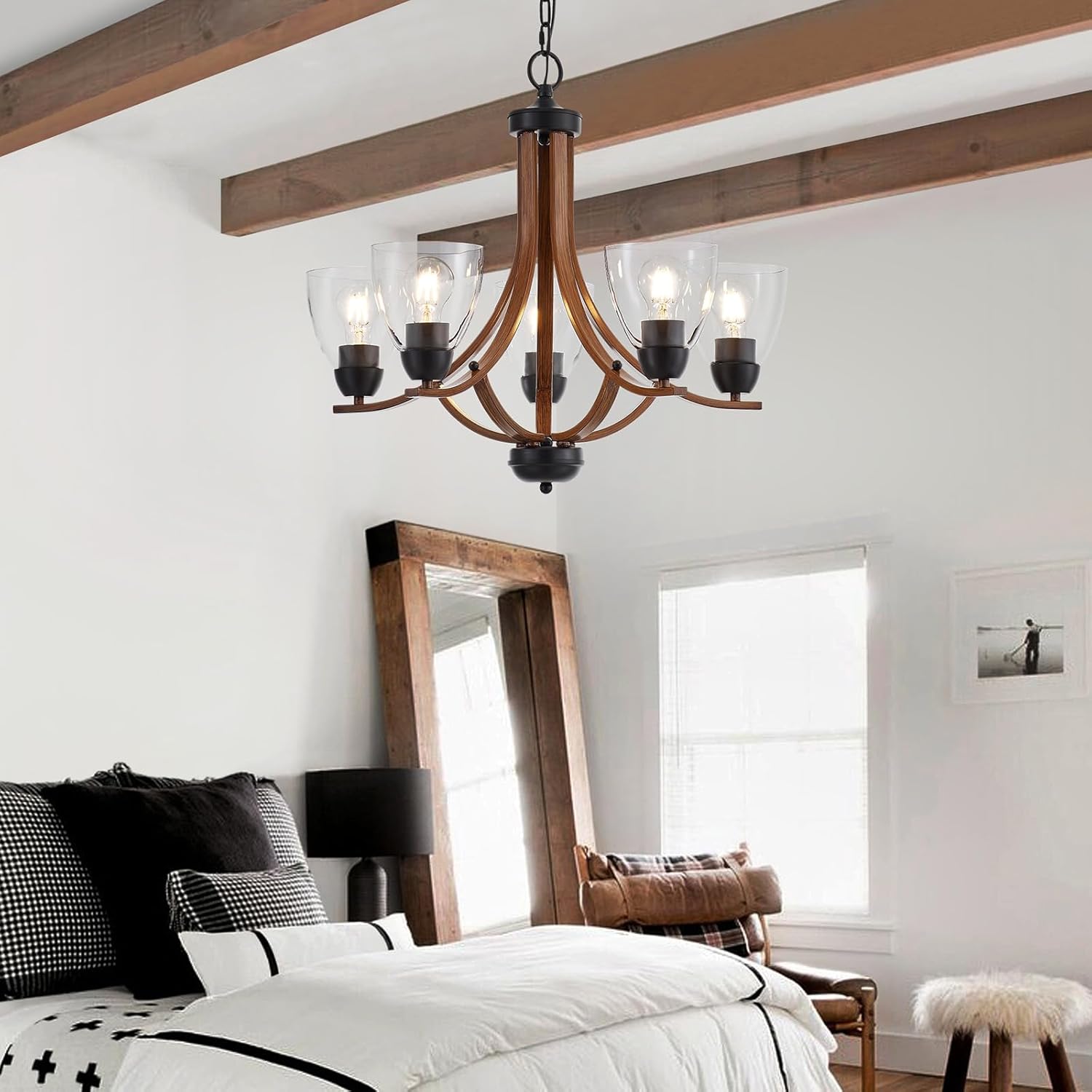 Lámpara de araña de madera con vidrio, estilo vintage, estilo granja, 5 luces, rústico, de 24.8 pulgadas, con acabado de madera, lámpara de cristal