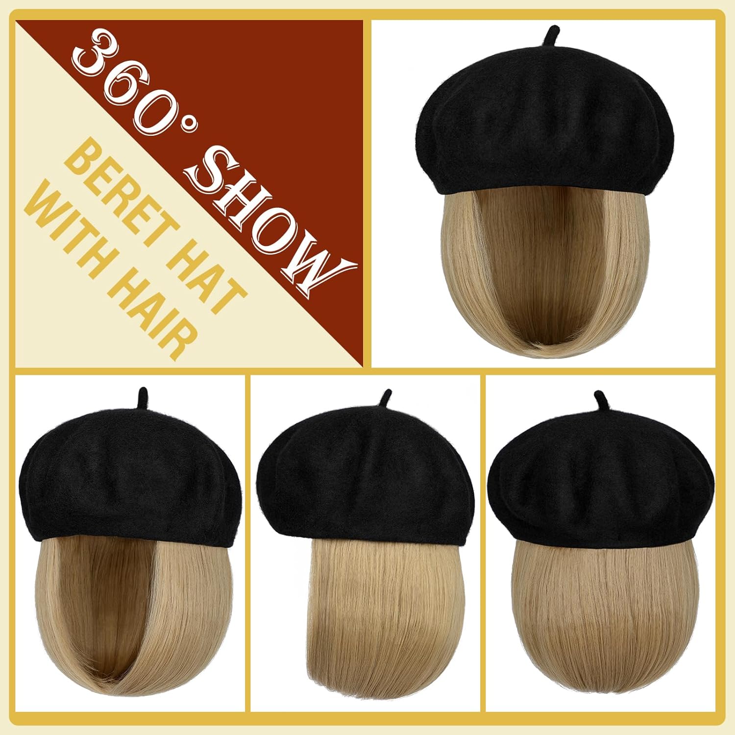 Gorro de boina con extensiones de cabello, sombrero clásico de lana francesa adjunta, 12 pulgadas, lacio, corto, Bob sintético, para mujer, rubio