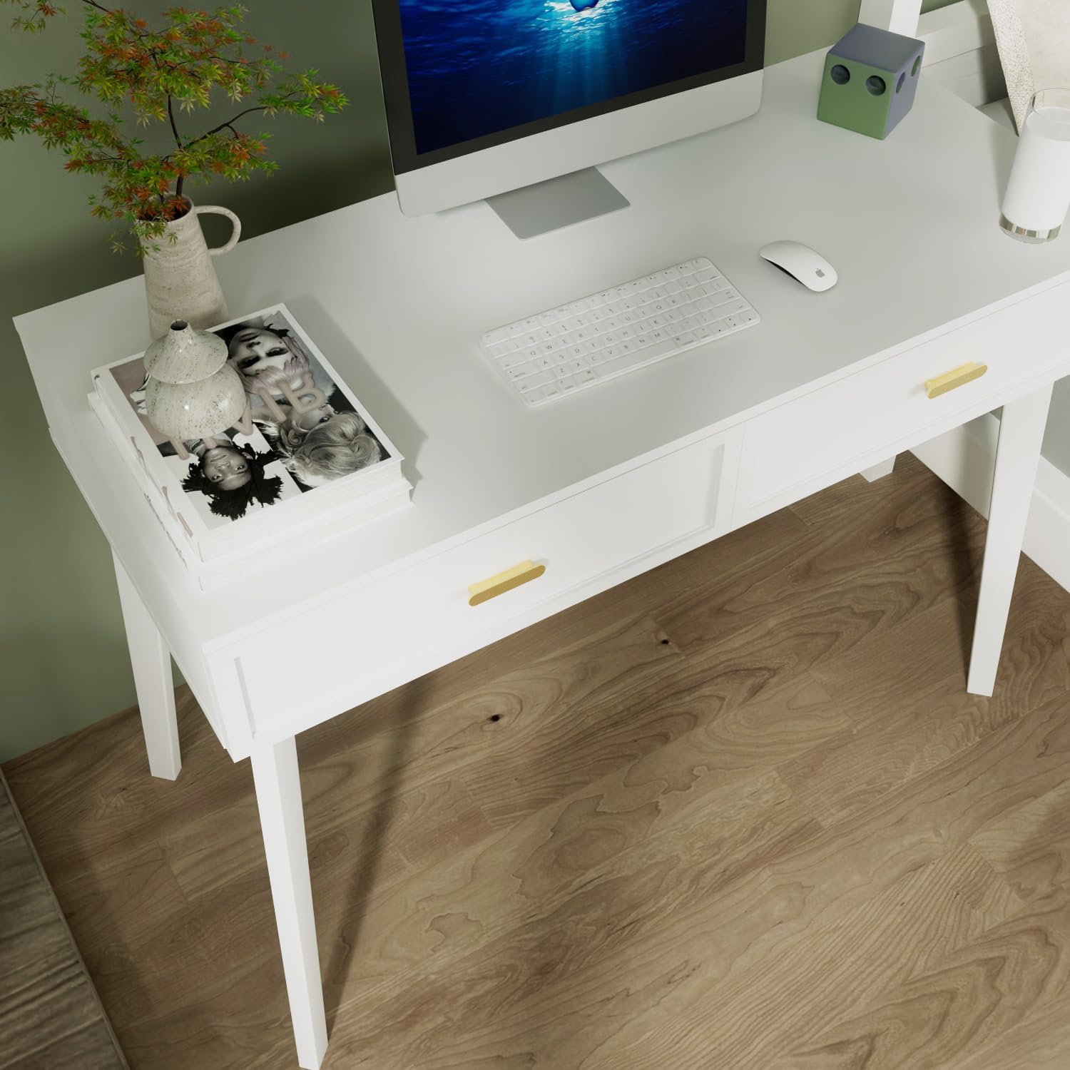 Escritorio blanco con cajones, mesa de computadora para oficina en casa, escritorio de estudio para espacios pequeños, tocador de dormitorio,