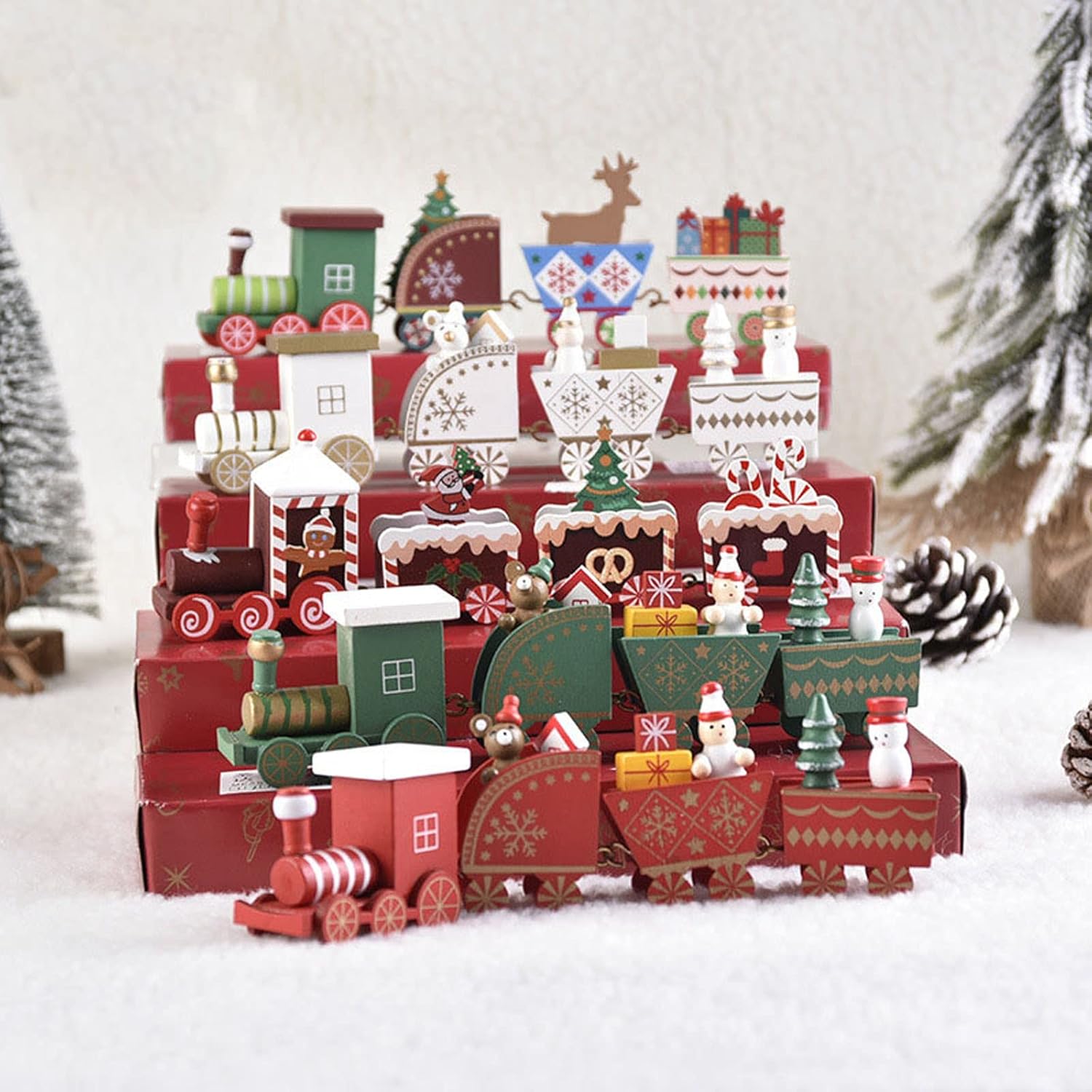 Tren de Navidad pintado de madera para decoración de Navidad, juguetes de regalo para niños, figura de tren de Navidad, decoración de mini