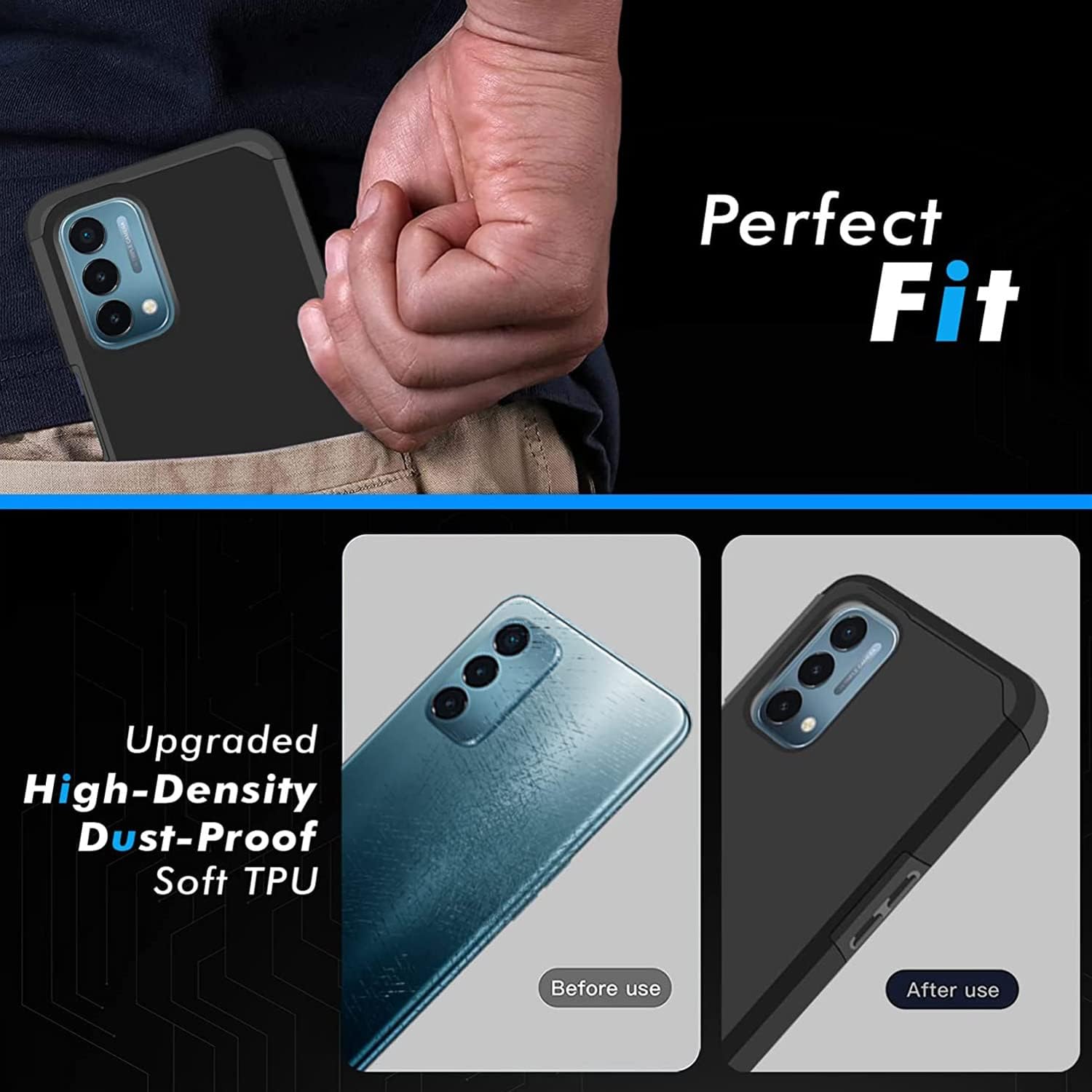 TJS Funda compatible con OnePlus Nord N200 5G, con protector de pantalla de vidrio templado, doble capa híbrida a prueba de golpes, protección