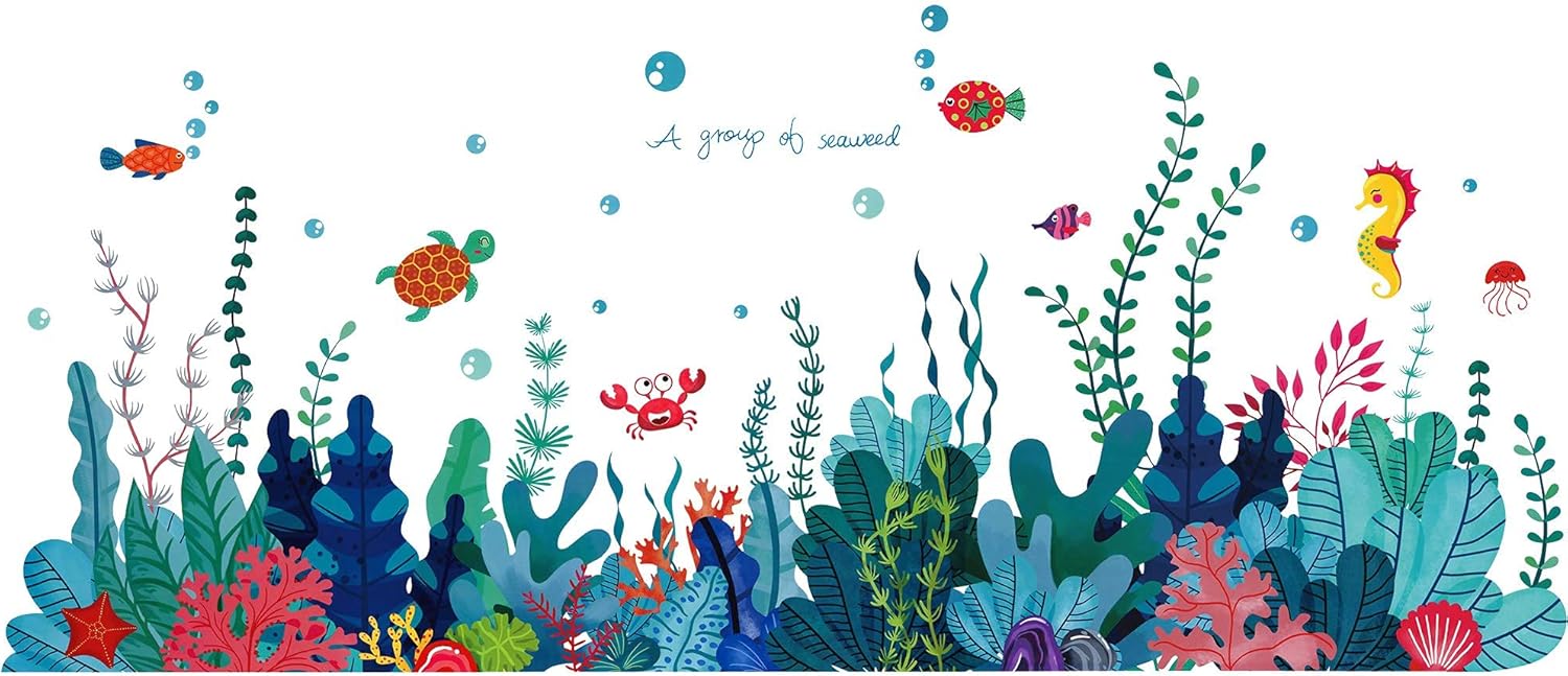 RW – 6794 – Adhesivo de pared extraíble 3D bajo el mar con vista al mar, calcomanías de pared de algas marinas coral océano, murales para despegar y