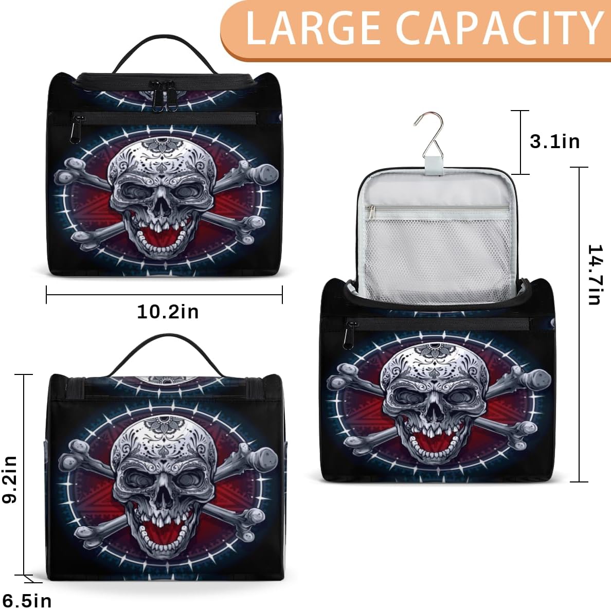 Skull Classic Decor Toiletry Bag for Women Travel Makeup Organizer with Hanging Hook Traveling Cosmetic Bags for Toiletries Accessories