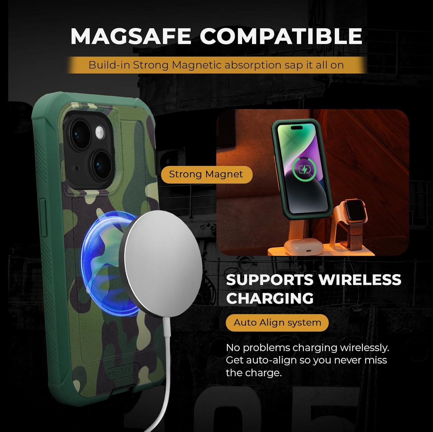 MOTIVE Funda diseñada para iPhone 15 con clip para cinturón, funda magnética compatible con Magsafe, resistente y de cuatro capas de protección de
