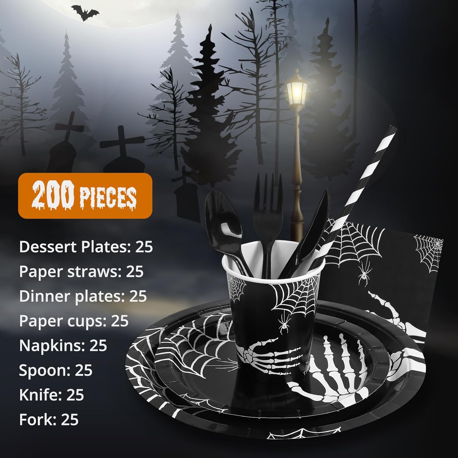 Suministros para fiesta de Halloween, decoraciones de fiesta de Halloween, el juego de vajilla de Halloween incluye platos llanos, platos de postre,