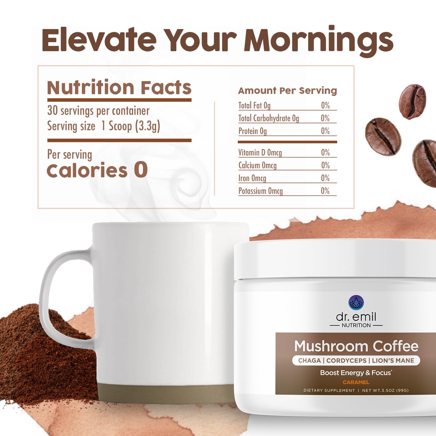 Dr. Emil – Café de hongos para concentración y energía, café instantáneo con melena de león, chaga y cordyceps – Delicioso sabor a caramelo y