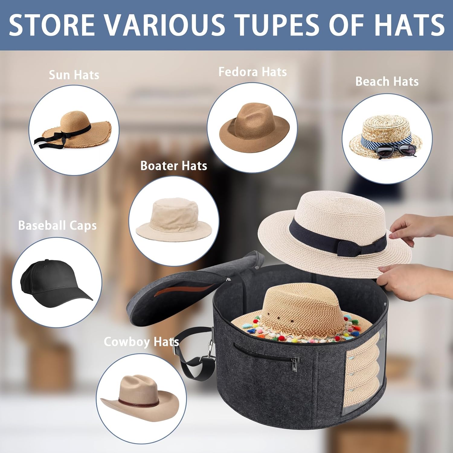 Caja para sombreros con 4 varillas estabilizadoras para mayor apoyo, organizador de sombreros redondos con tapa, ideal para viajes, almacenamiento