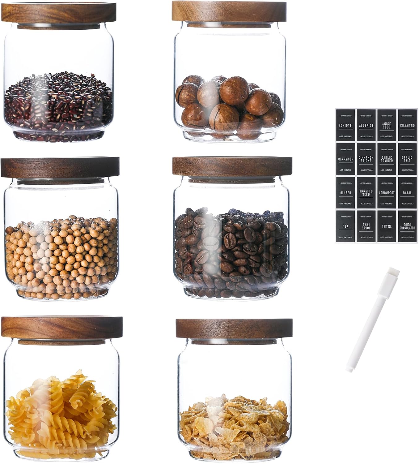 Homtop Tarros de vidrio con tapas de madera, paquete de 6 con 112 etiquetas, recipiente de almacenamiento de alimentos de 15 onzas para café,