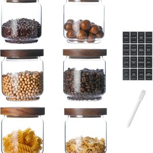 Homtop Tarros de vidrio con tapas de madera, paquete de 6 con 112 etiquetas, recipiente de almacenamiento de alimentos de 15 onzas para café, Homtop Tarros de vidrio con tapas de madera, paquete de 6 con 112 etiquetas, recipiente de almacenamiento de alimentos de 15 onzas para café,
