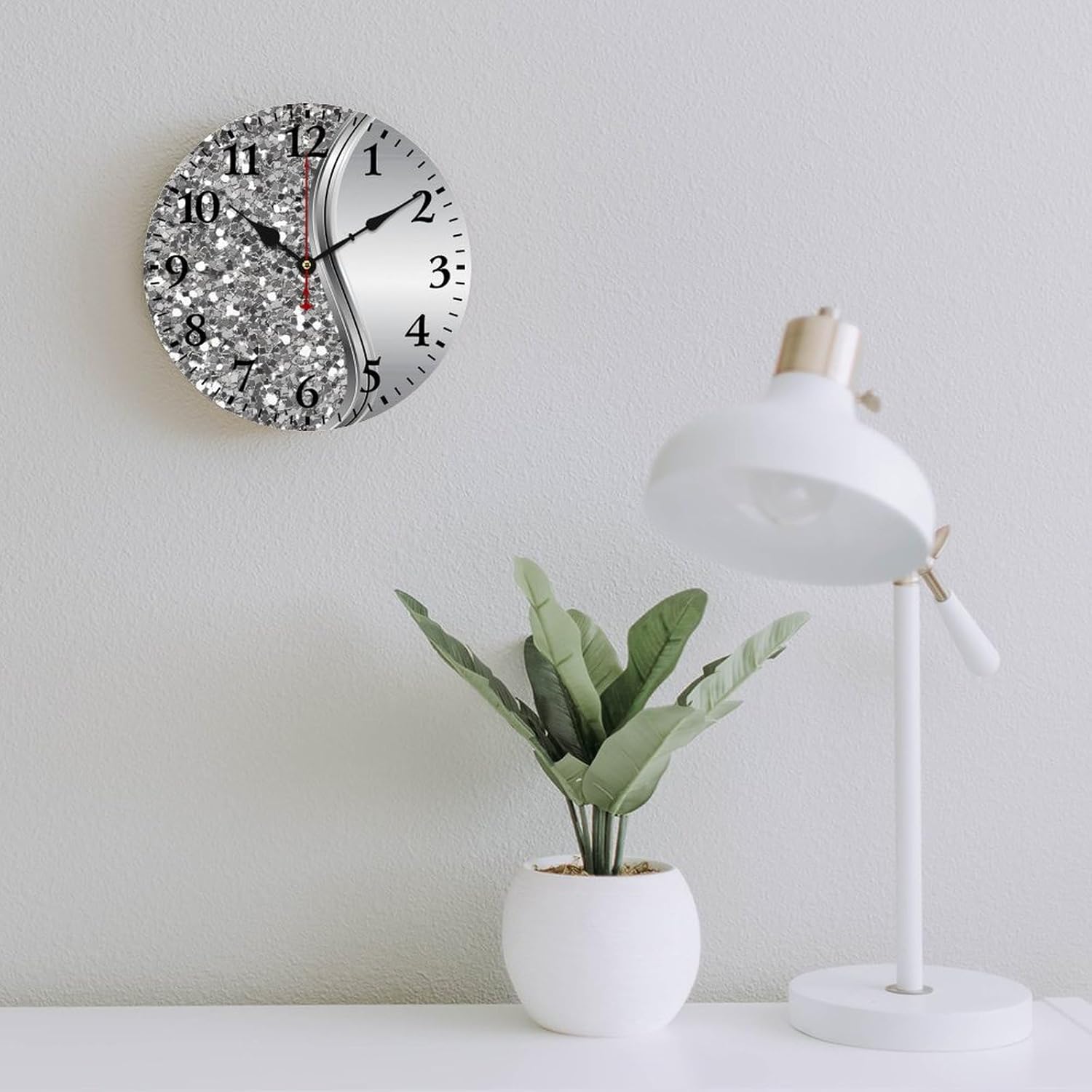 Reloj de pared, reloj de pared plateado con purpurina sintética, funciona con pilas, silencioso, sin tictac, relojes redondos de madera decorativos