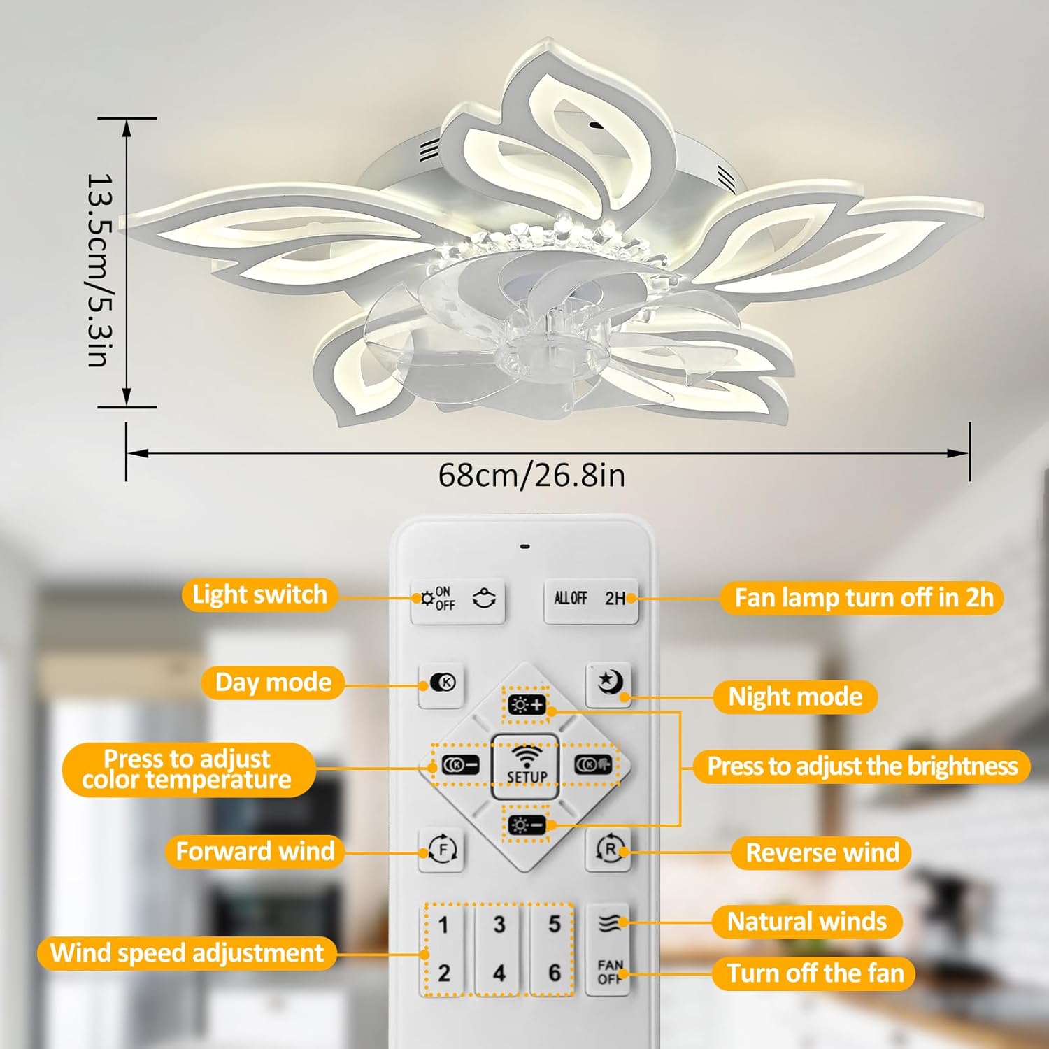 Ventiladores de techo de 26.8 pulgadas con luces, modernos ventiladores de techo regulables, ventiladores de techo de araña de pétalos con 6