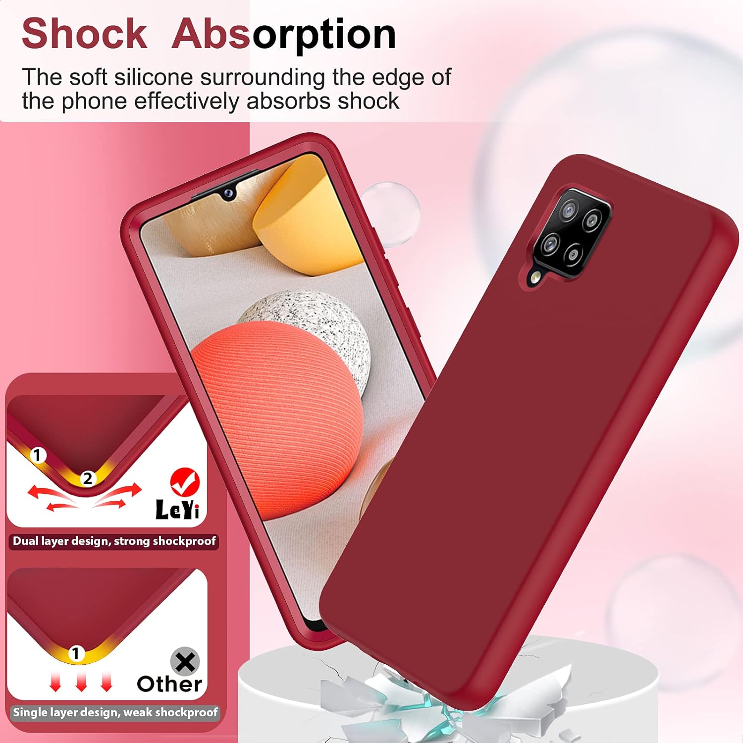 LeYi Funda para Samsung Galaxy A42 5G, color rojo vino, cuerpo completo, a prueba de golpes, silicona líquida suave, funda protectora híbrida para