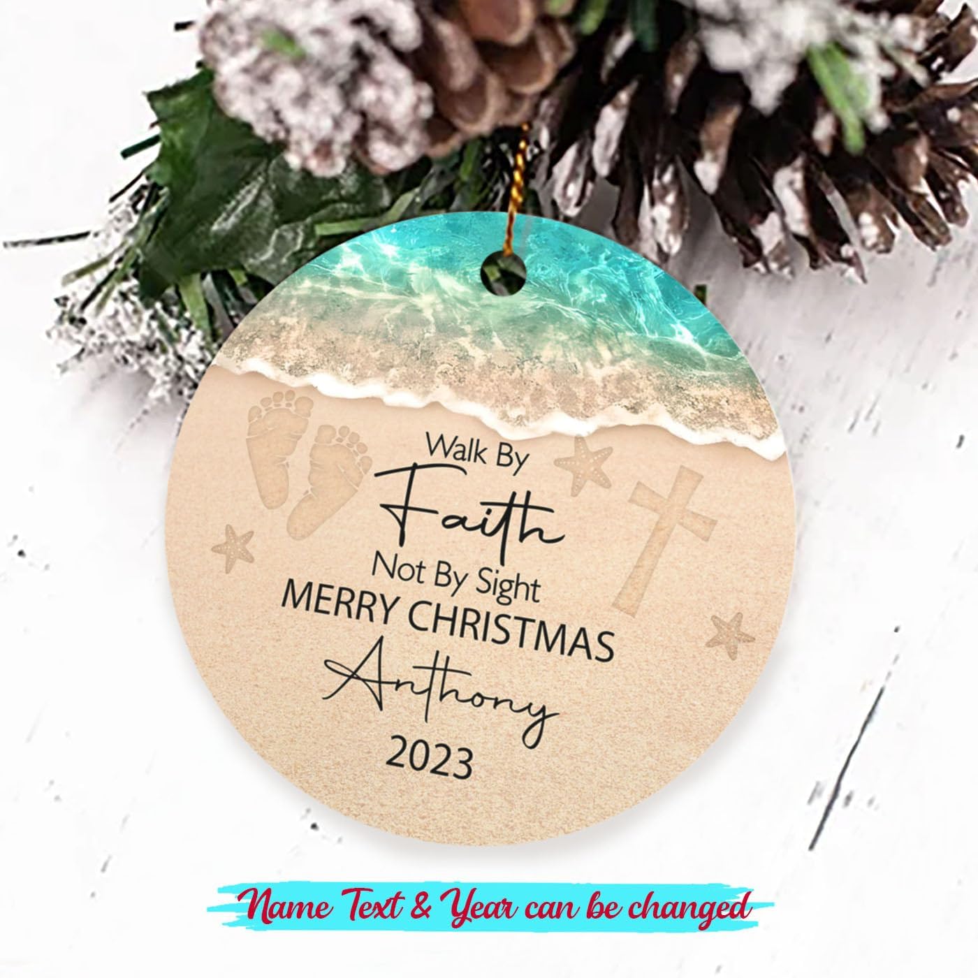 Walk by Faith Not by Sight – Adorno de Navidad con nombre personalizado, adorno de Navidad de Dios Jesús 2024, adorno personalizado de Feliz