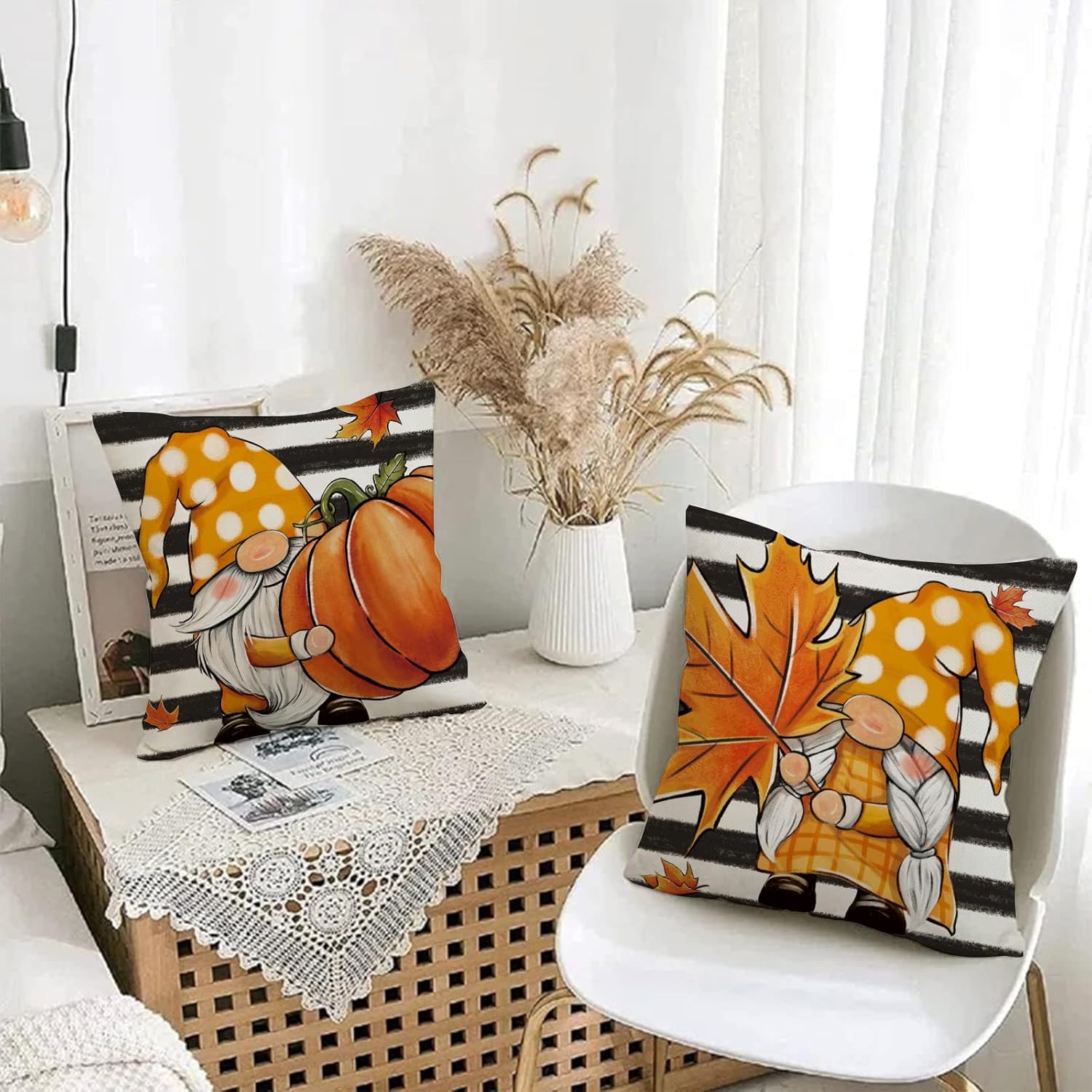 Juego de 4 fundas de almohada decorativas de otoño con diseño de hojas de arce y calabaza de 20 x 20 pulgadas, diseño de gnomo con diseño de rayas
