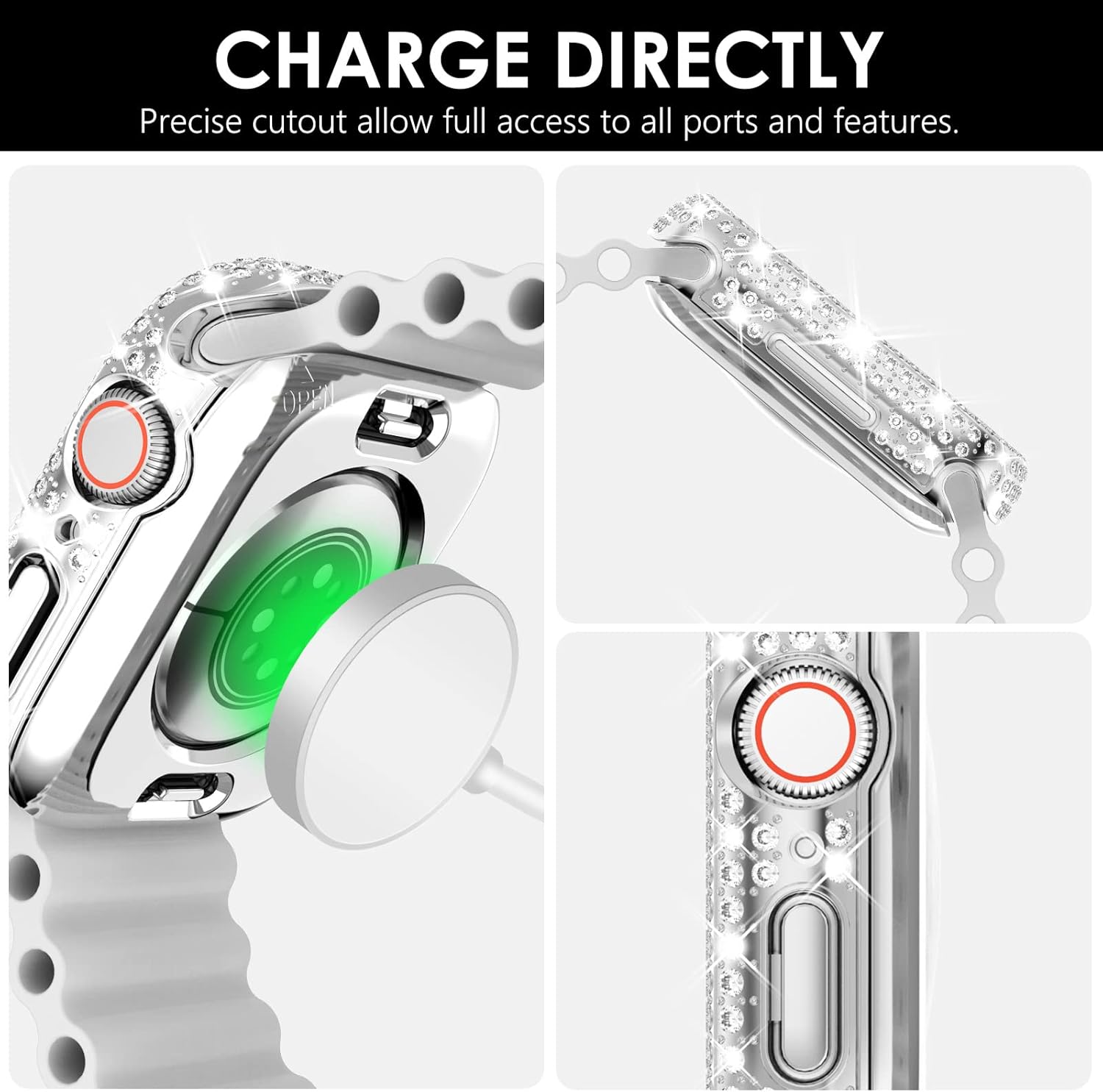 NewWays Paquete de 2 fundas impermeables 2 en 1 para Apple Watch Series 8 y Series 7 de 1.614 in, protector de pantalla con diamantes de imitación