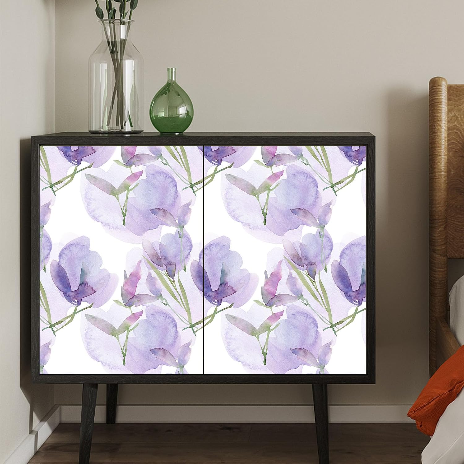 Papel tapiz de vinilo autoadhesivo para despegar y pegar, extraíble, hojas blancas y moradas, estilo bohemio, fácil de despegar, para dormitorio,