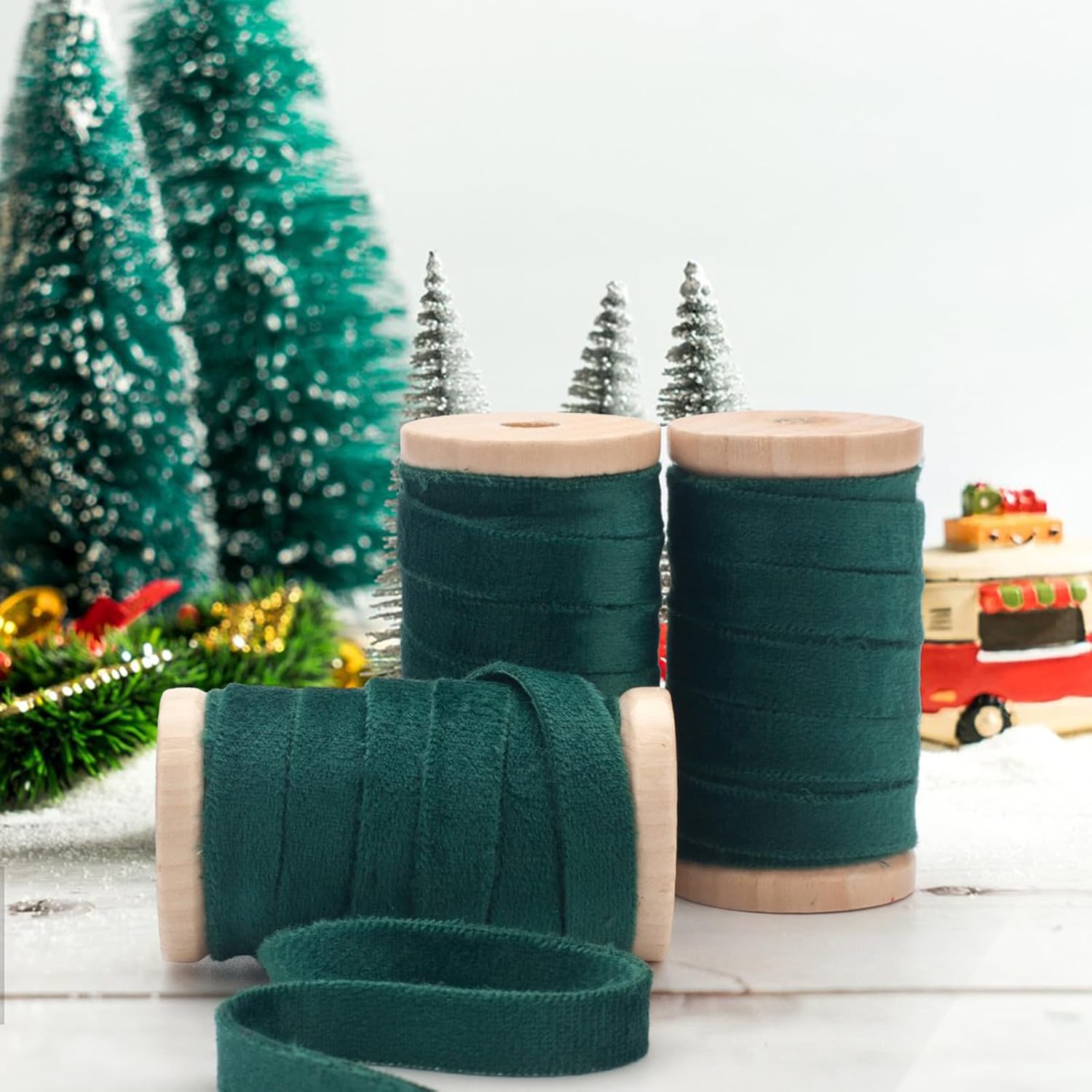 Cinta de terciopelo verde oscuro de doble cara para decoración de árbol de Navidad, envoltura de regalos, 38 pulgadas x 15 yardas en 3 bobinas de