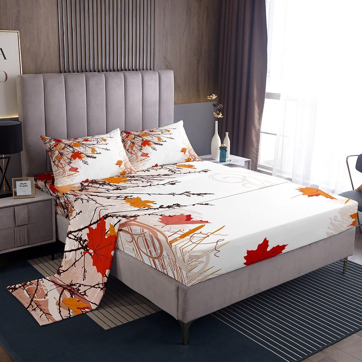 Juego de sábanas de otoño de Acción de Gracias, tamaño King, ropa de cama de granja naranja, juego de sábanas de hojas de arce otoñal, sábanas de