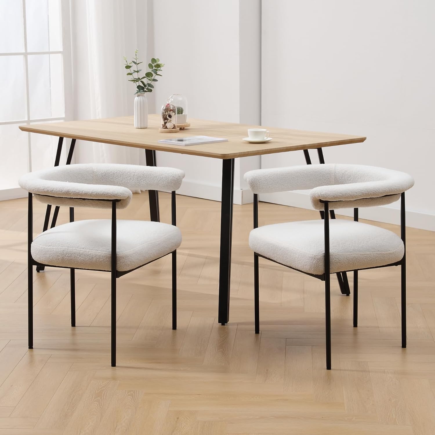 LukeAlon Juego de 2 sillas de comedor Sherpa, sillas de cocina tapizadas con respaldo abierto con patas de metal negro, respaldo curvado, sillas de