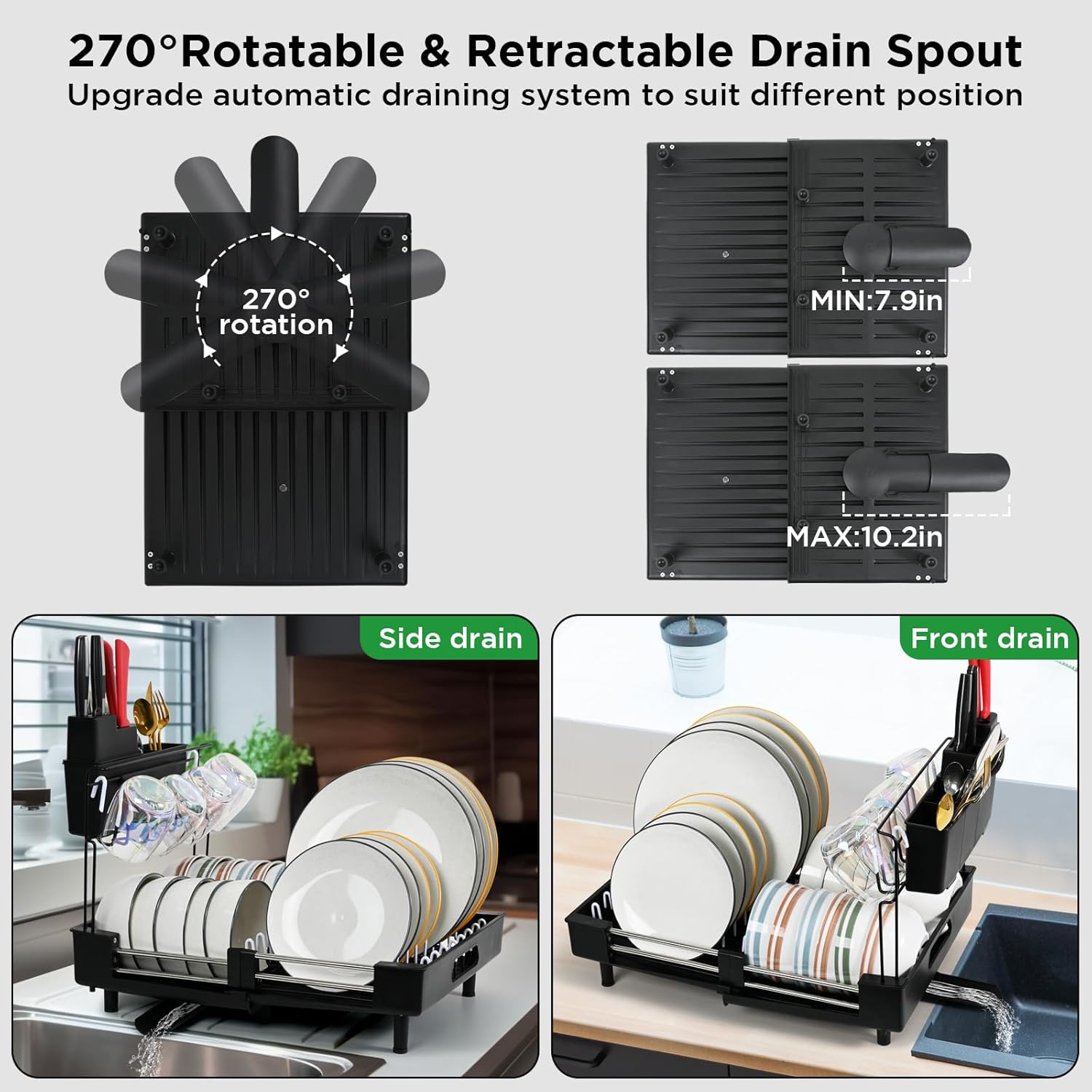 Ollieroo Escurridor de platos, resistente al óxido para encimera de cocina con soporte extraíble para utensilios, ranuras para cuchillos y soporte