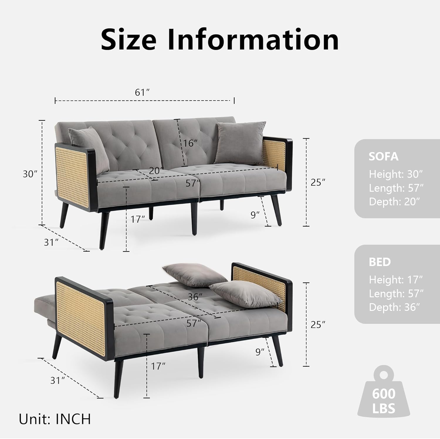 Dolonm Sofá de terciopelo de 62 pulgadas con reposabrazos de ratán y 2 almohadas, sofá biplaza con pies de metal, moderno sofá convertible futón,