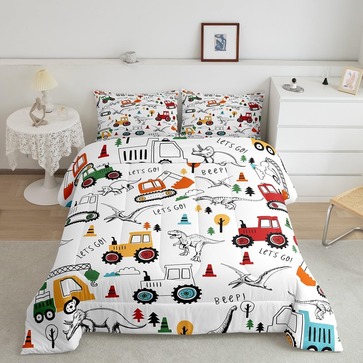 Feelyou Juego de ropa de cama de construcción, tamaño individual, juego de edredón de dinosaurio de la selva, equipo de camiones, juego de edredón