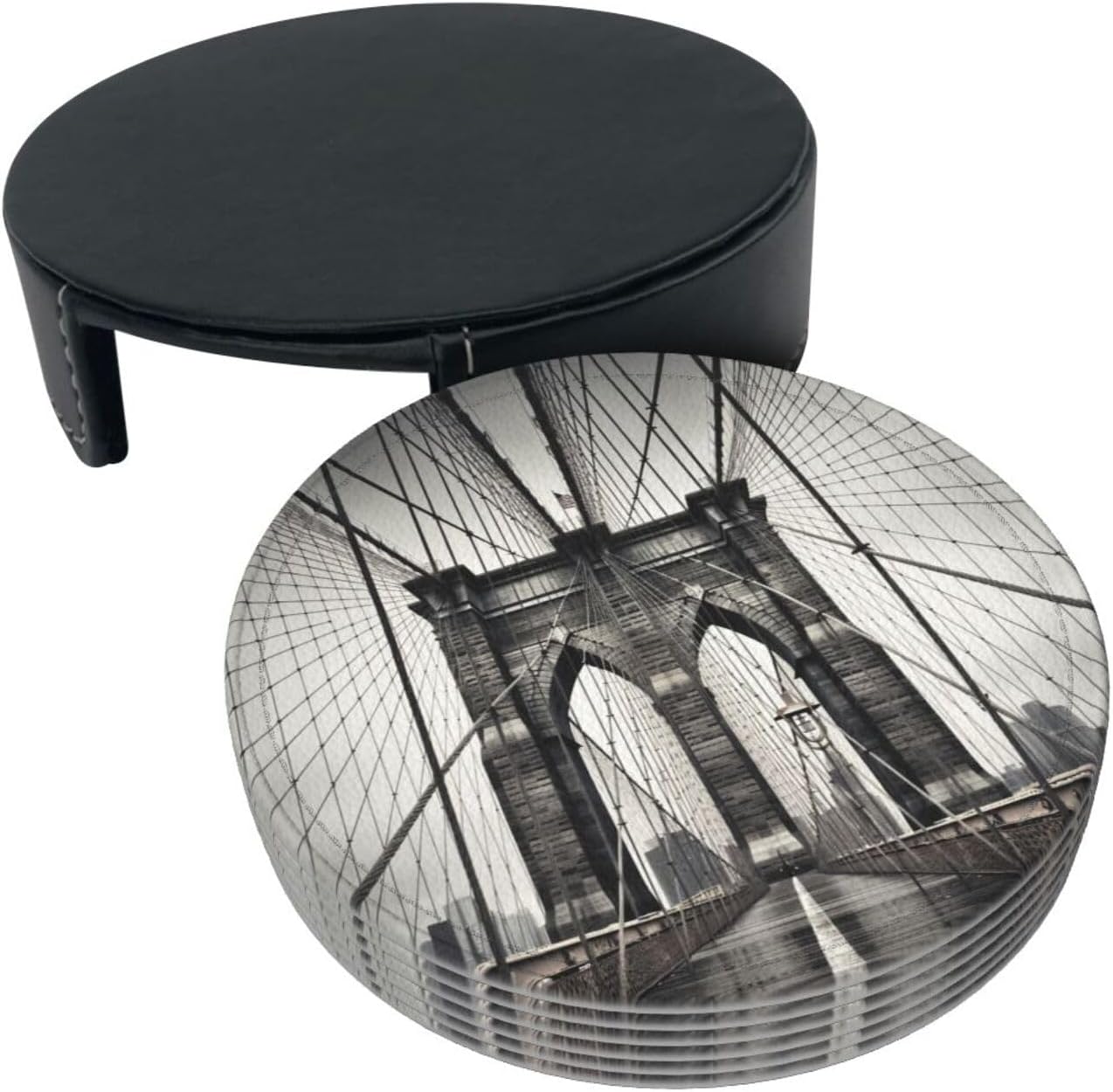 Brooklyn Bridge – Juego de 6 posavasos redondos de cuero para taza de café, café, hogar, bar, oficina, juego de 6