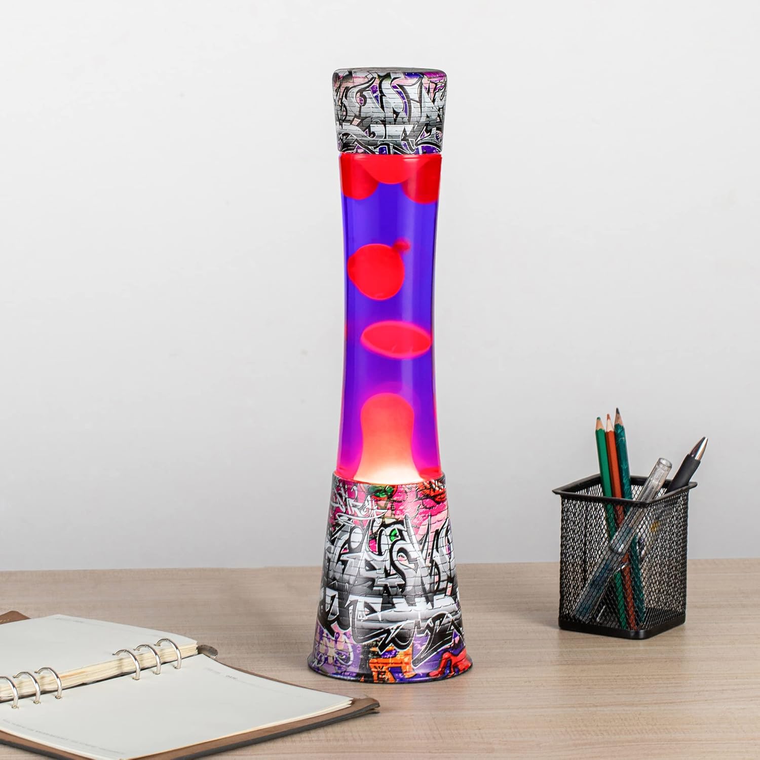 Lámpara de lava, lámparas de lava grandes de 16 pulgadas, base de calcomanía, arte de graffiti Colormax con cera naranja en lámparas de movimiento
