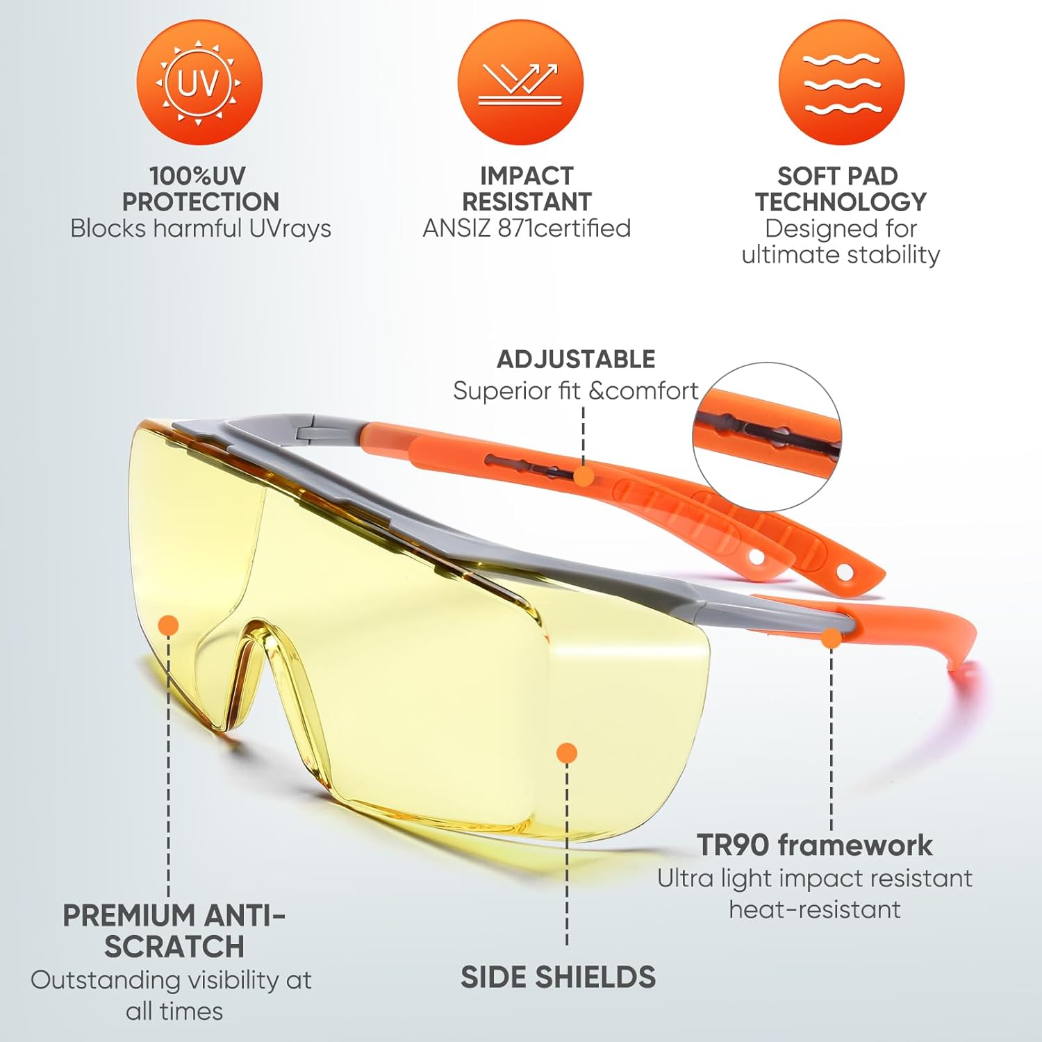 LPSAFP Gafas de seguridad amarillas, gafas de seguridad sobre anteojos, bloqueo de luz azul, gafas protectoras UV, lentes antivaho y antiarañazos,