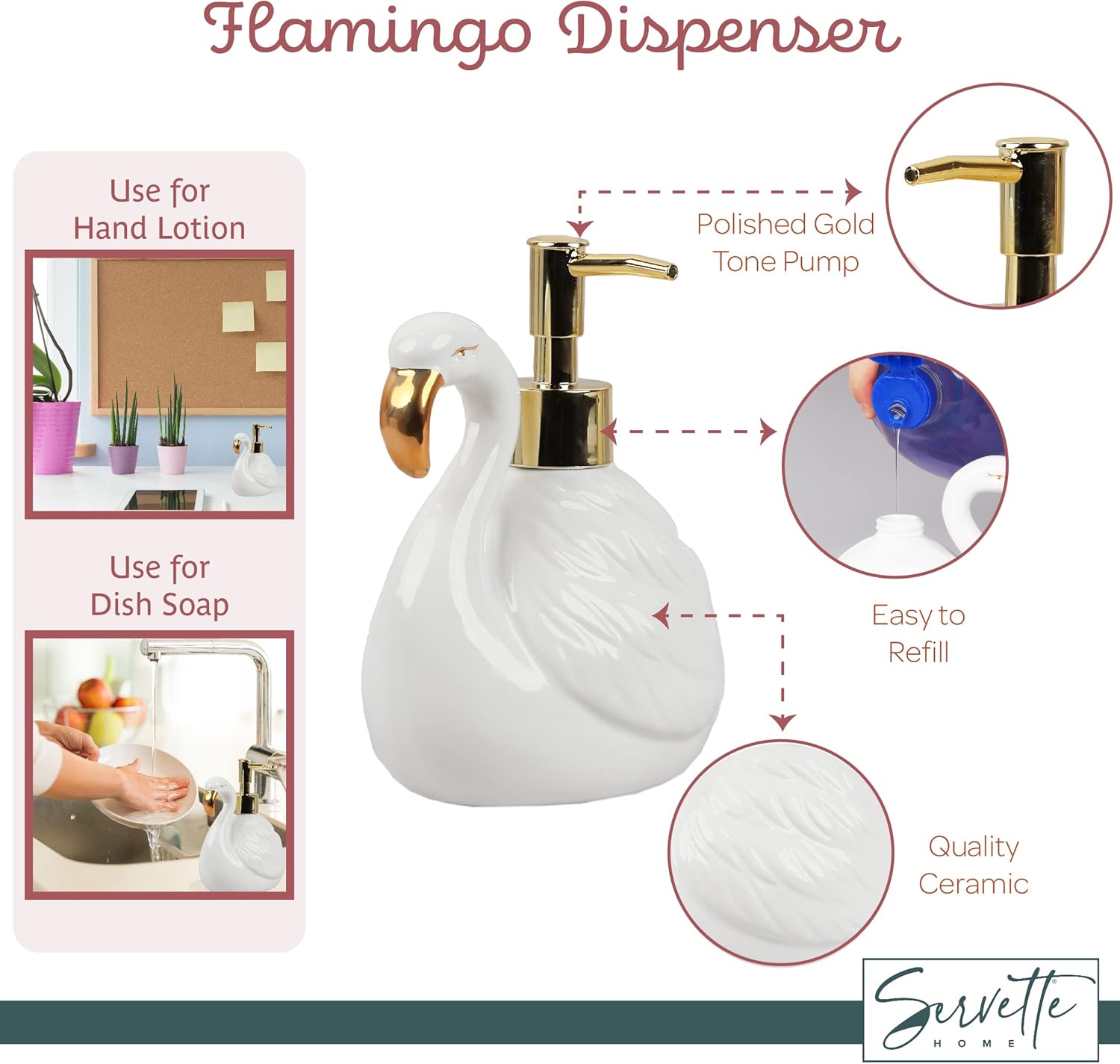 Dispensador de jabón flamenco con bomba para fregadero de baño o cocina, cisne blanco