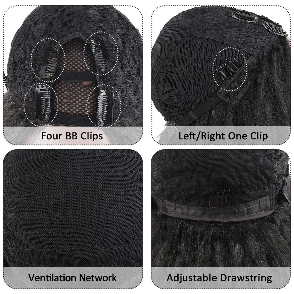 Aisaide Pelucas sintéticas rectas con parte en U para mujeres negras, pelucas sintéticas cortas Yaki lacias negras para cabello natural, peluca en