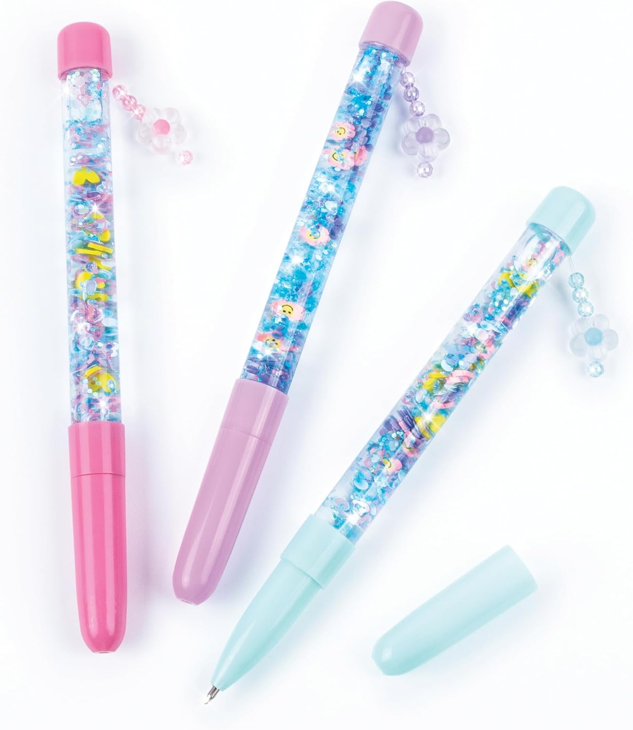 Make It Real Bolígrafos flotantes de bricolaje haz 3 bolígrafos brillantes, personaliza con purpurina y abalorios, adolescentes, niñas y niños a