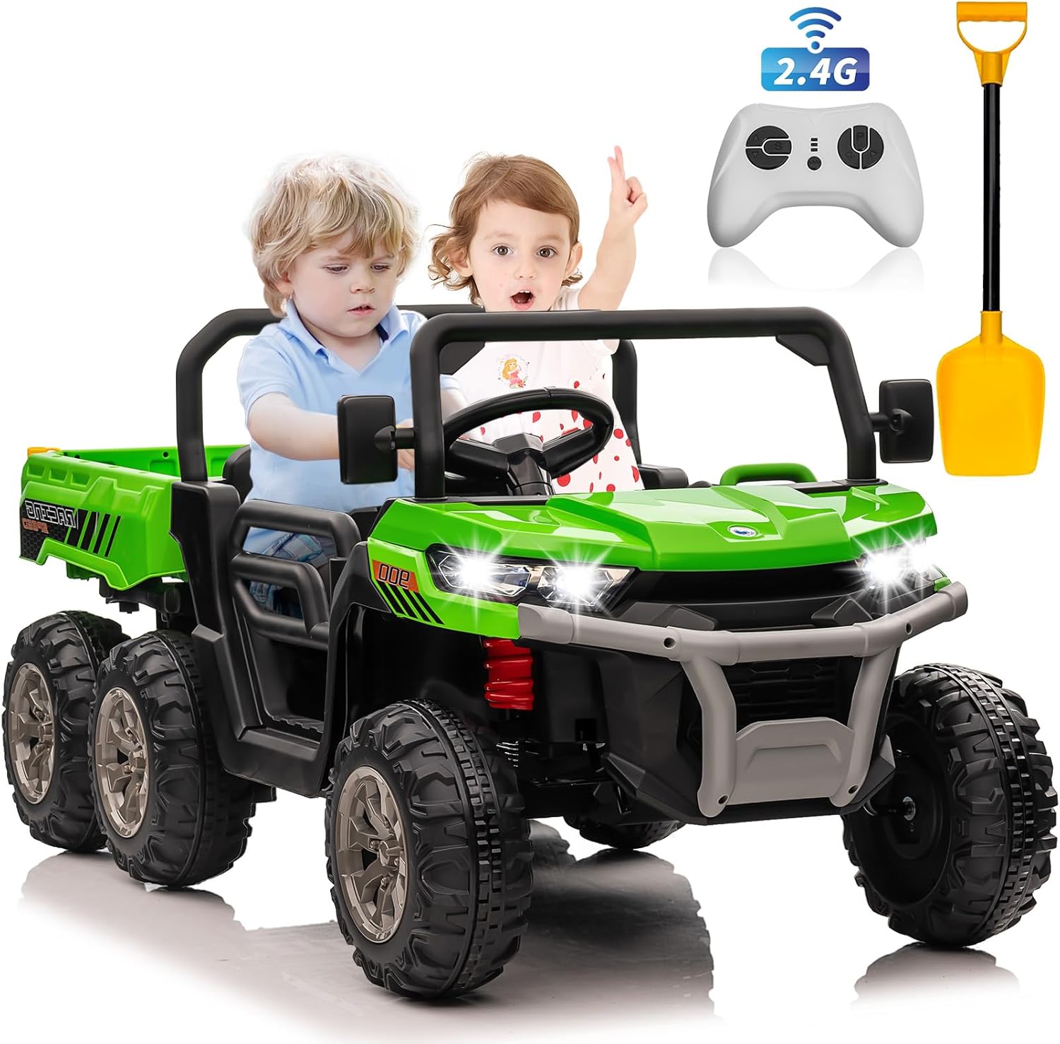 Camión volquete de 24 V 4WD 6×6 para niños con cama volquete eléctrica, auto de juguetes UTV alimentado por batería de 2 plazas con control remoto