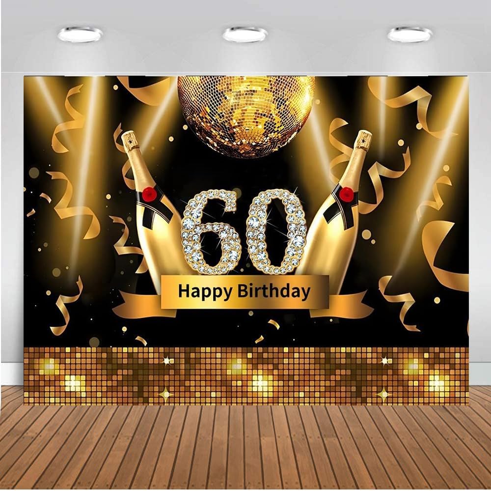 Cinta brillante de 7 x 5 pies, color dorado con texto en inglés “Cheers”, con diamantes brillantes y brillantes, número 60, color negro y dorado