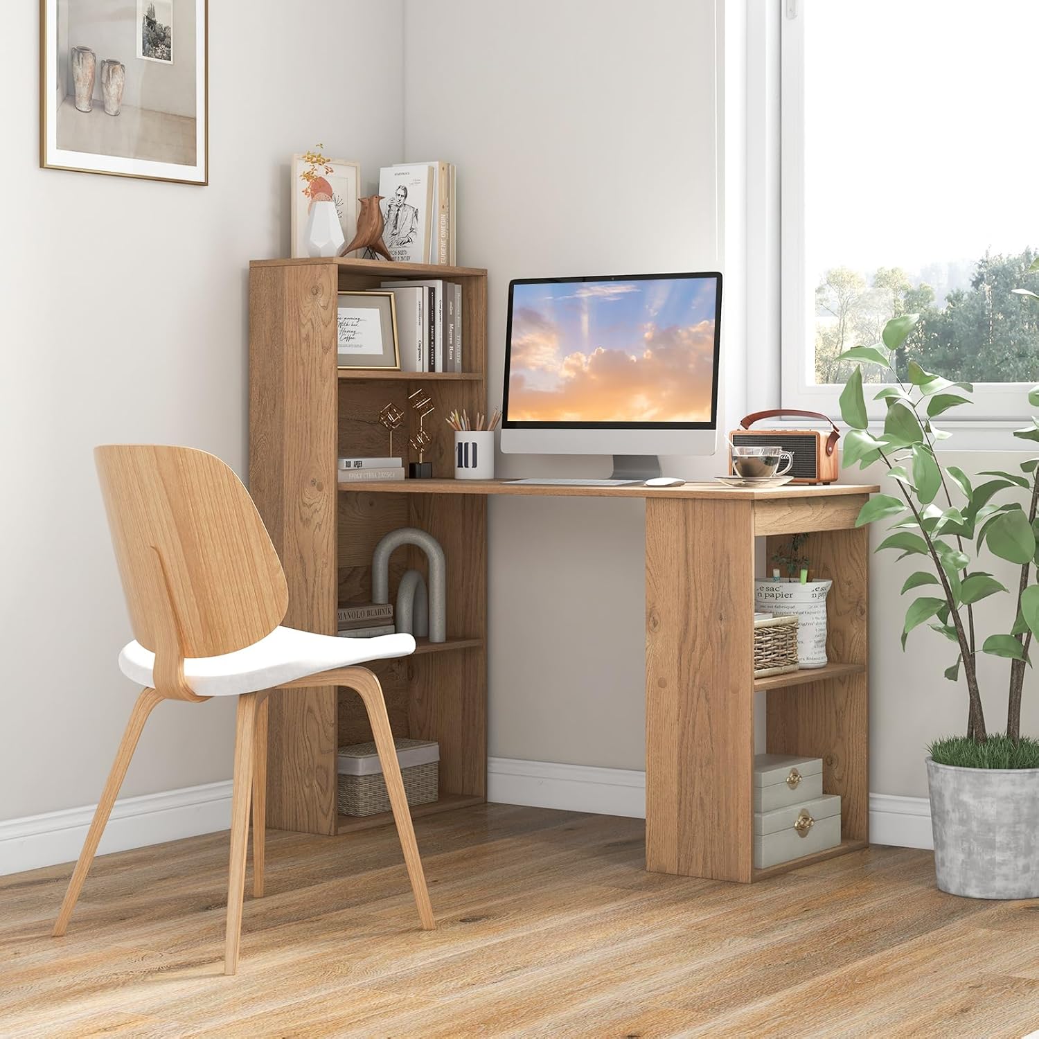 Giantex Escritorio para computadora de 48 pulgadas con estantería, escritorio de oficina en casa 3 en 1 con estantería de 4 niveles y soporte para