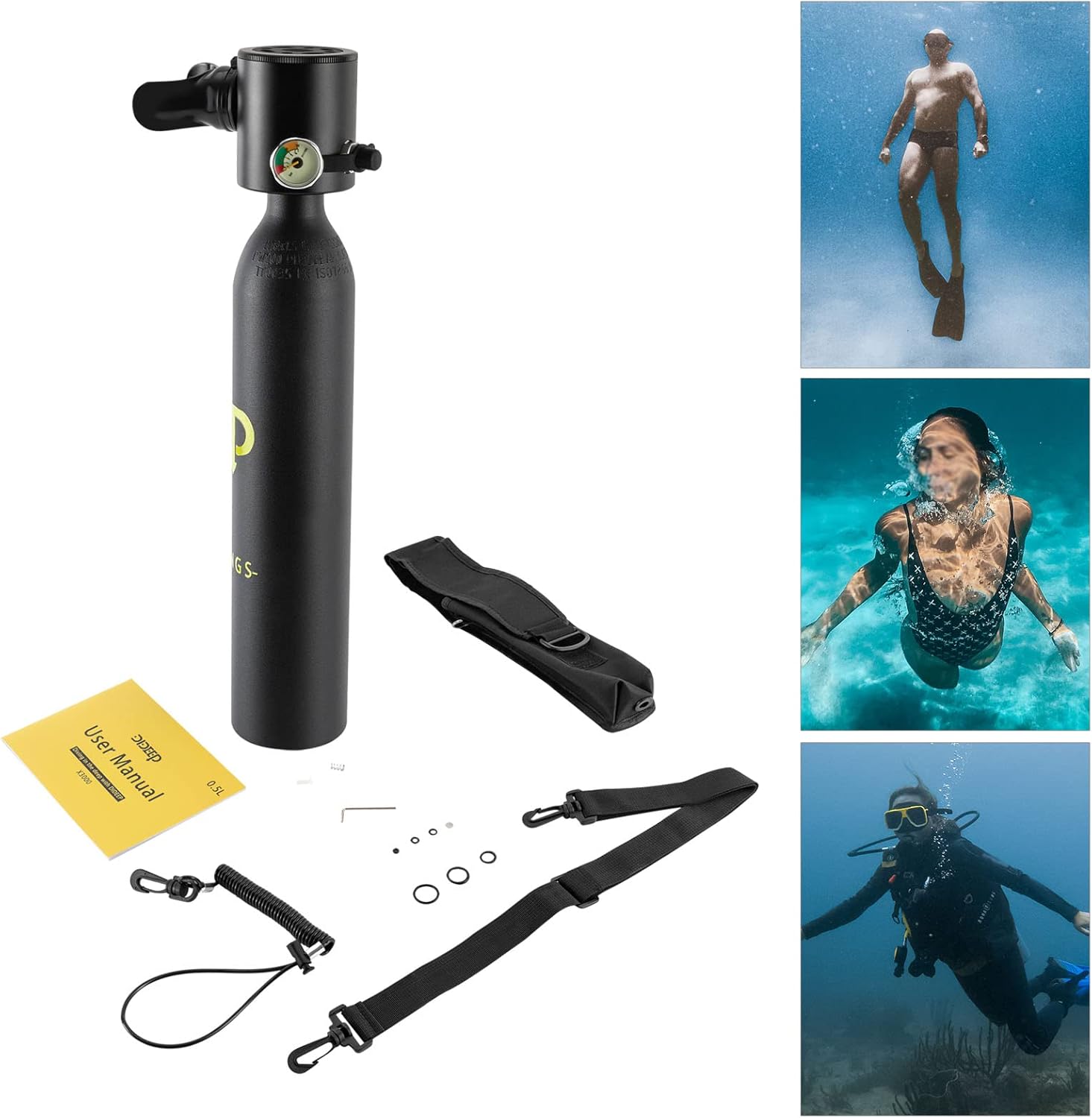 Mini tanque de buceo conjunto de buceo, equipo de buceo inflable de 0.5L, tanque de oxígeno para respiración subacuática, constante con válvula de