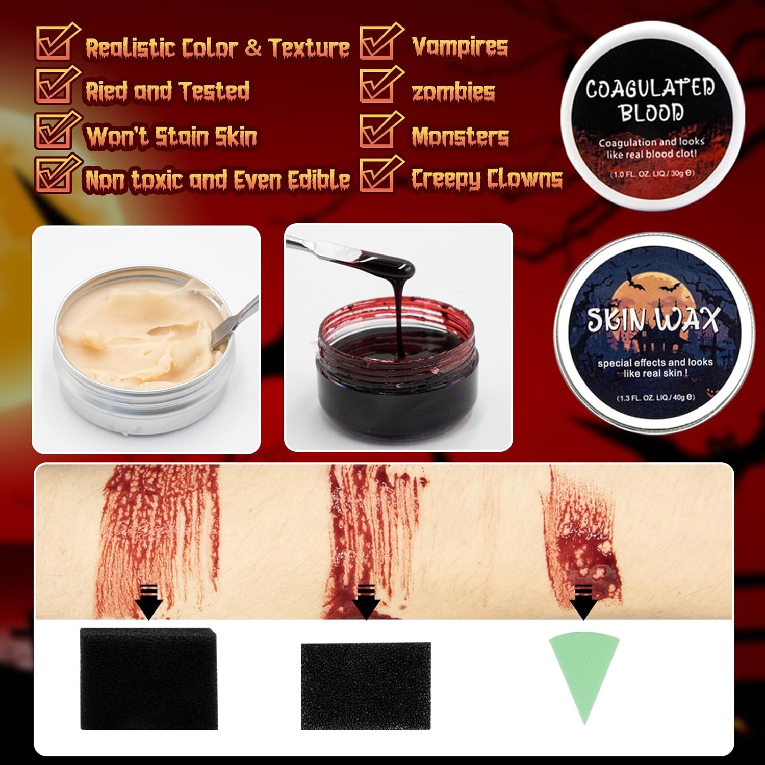 SFX – Kit de maquillaje para Halloween, suministros de maquillaje de efectos especiales  11 piezas con cera de cicatrices, sangre coagulada,