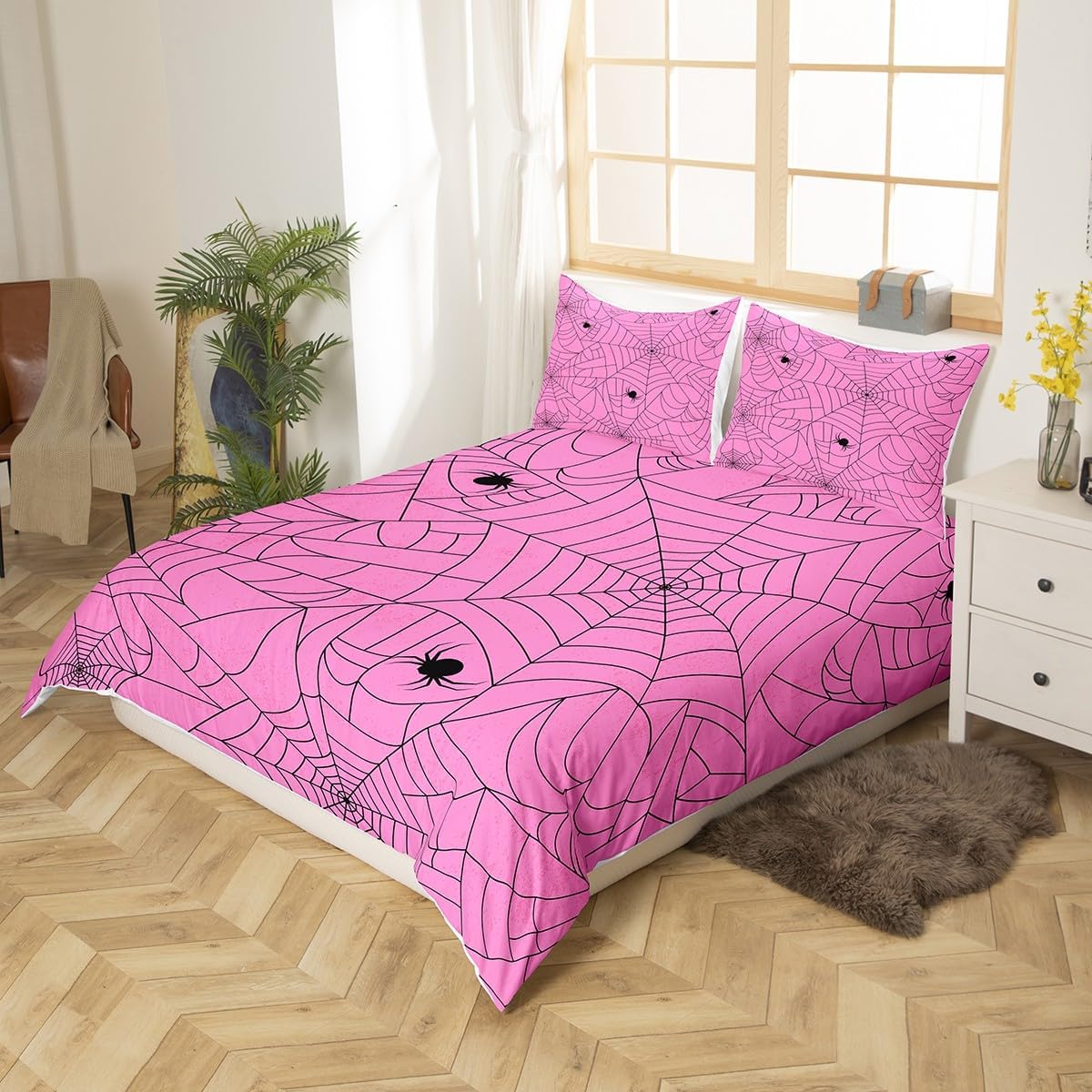 Feelyou Juego de funda de edredón rosa de Halloween, tamaño King, juego de ropa de cama de tela de araña para niños y niñas, juego de funda de