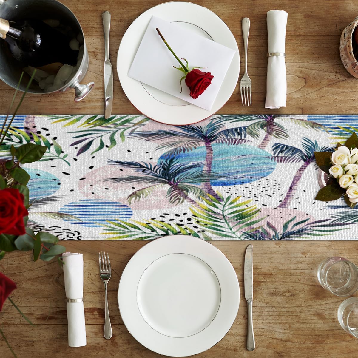 Table Runner Watercolor Beach Coconut Tree, Rustic Linen Table Cloth for Farmhouse Kitchen, Dinner, Events, Party, Holiday Table Decor 13 x 60 Inches