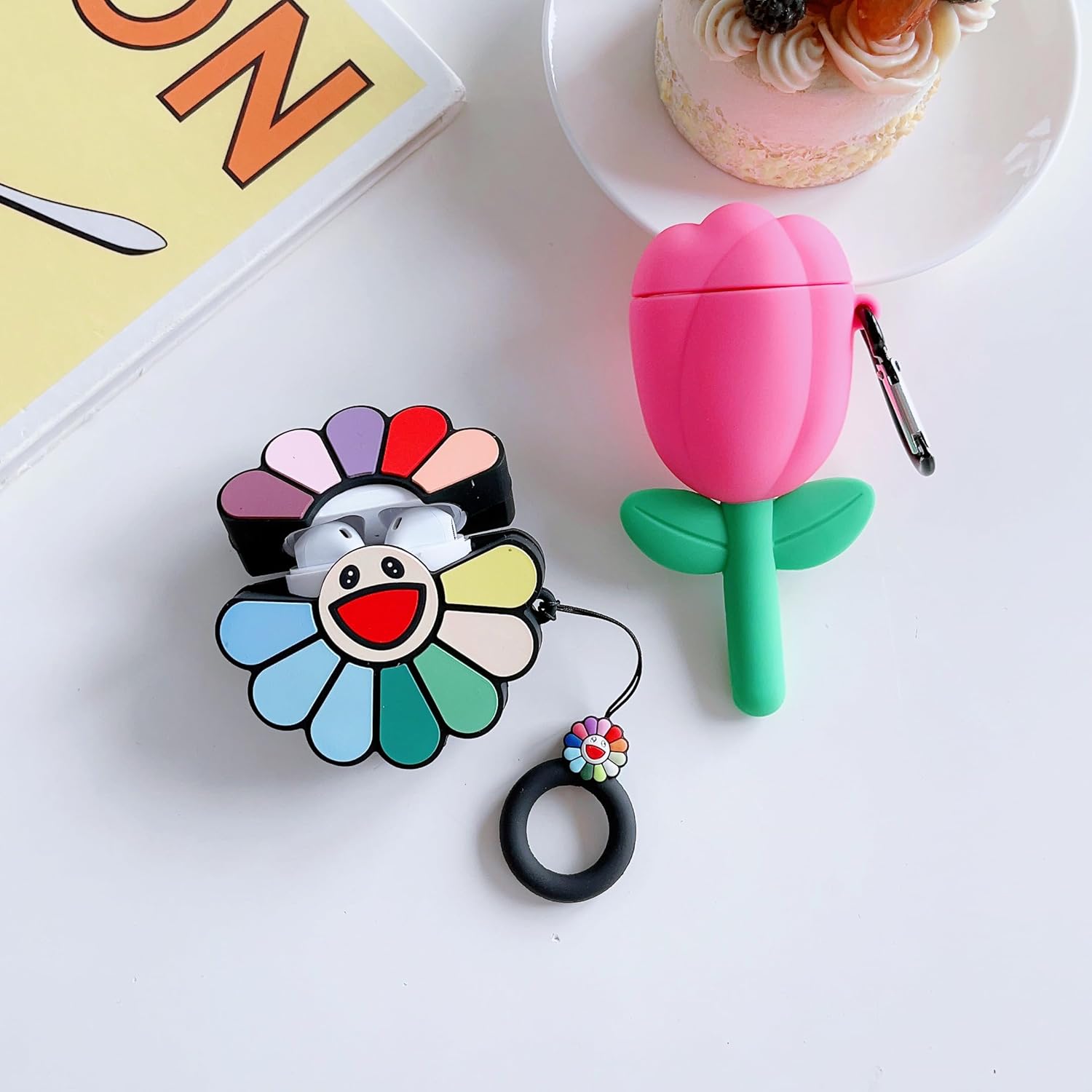 Paquete de 2Funda 3D con diseño de flores para Airpod 21, funda 3D para niños, niñas, adolescentes y mujeres, diseño de tulipán Kawaii + girasol,