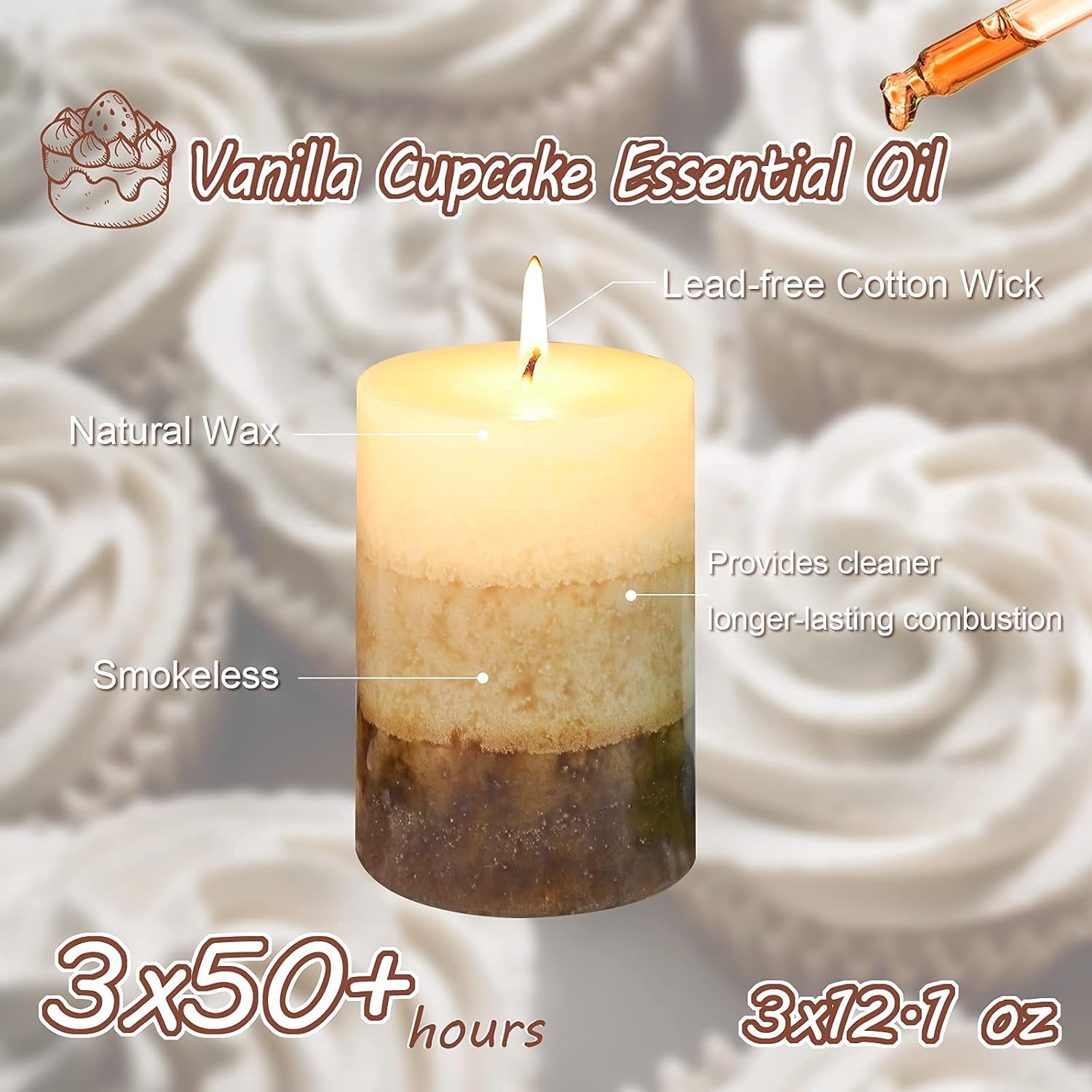 Pillar Candles – Velas aromáticas de vainilla con aroma a cupcake de Immeiscent para aromaterapia, más de 50 horas de combustión de larga duración,