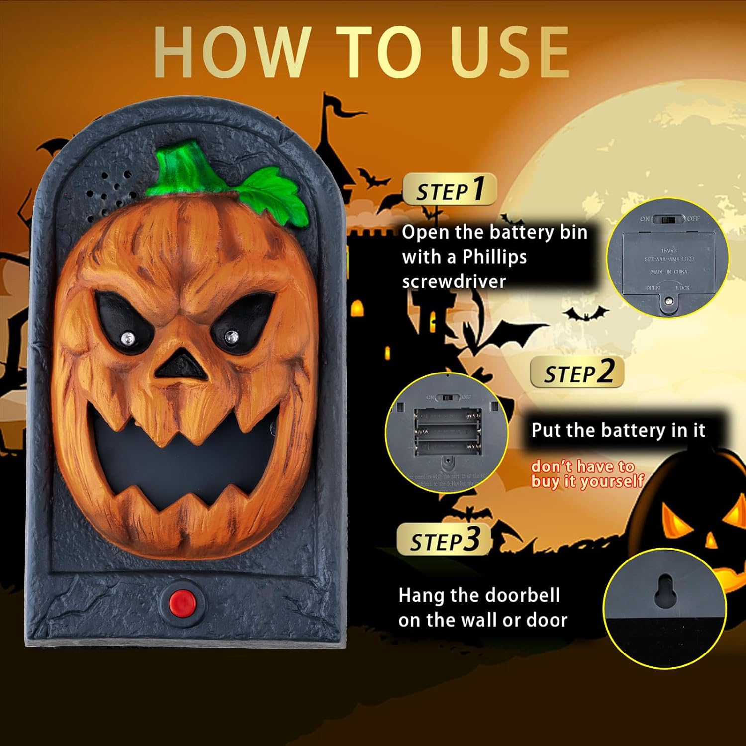 Decoraciones de timbre de Halloween, timbre de calabaza de casa encantada, decoraciones de Halloween aterradoras con sonidos espeluznantes para