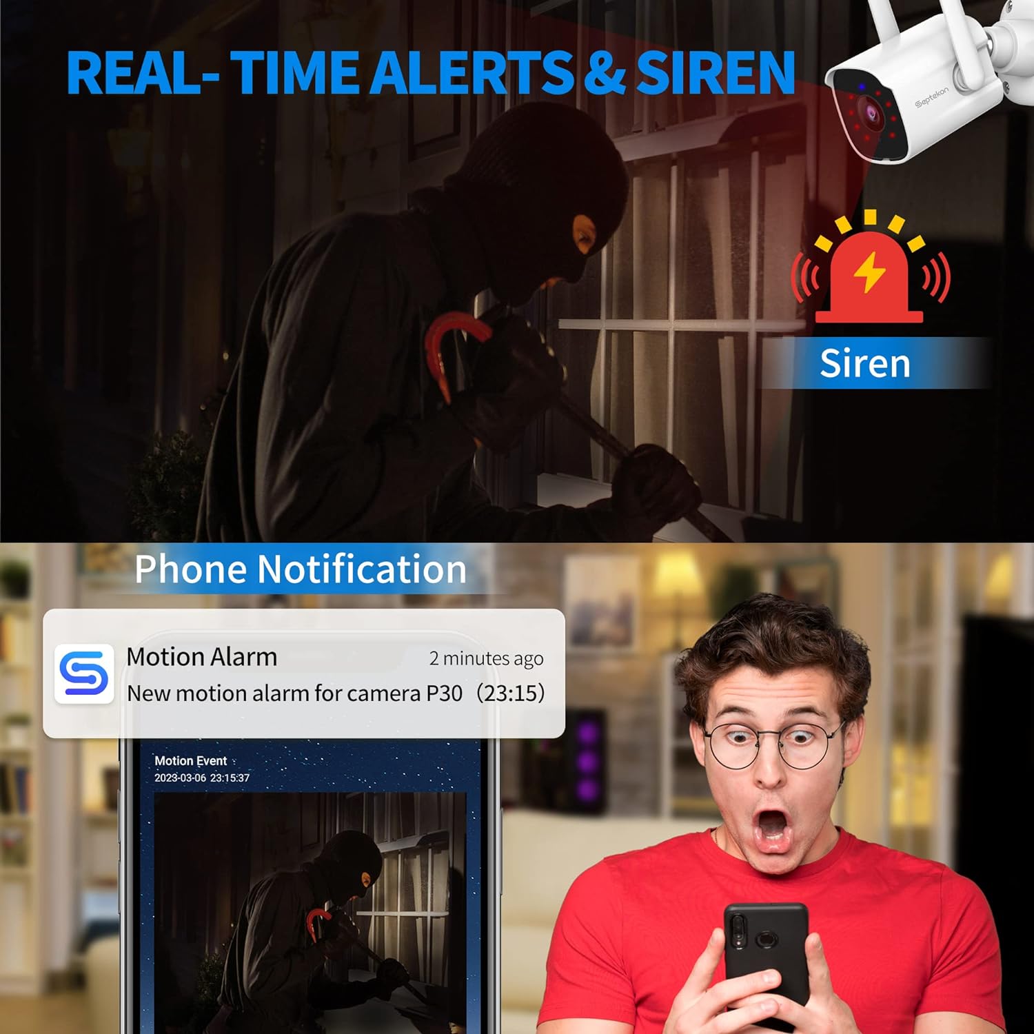 Septekon Cámara de seguridad 2K para exteriores, paquete de 2, cámaras de seguridad WiFi 2.4G con sirena inteligente, visión nocturna, detección de