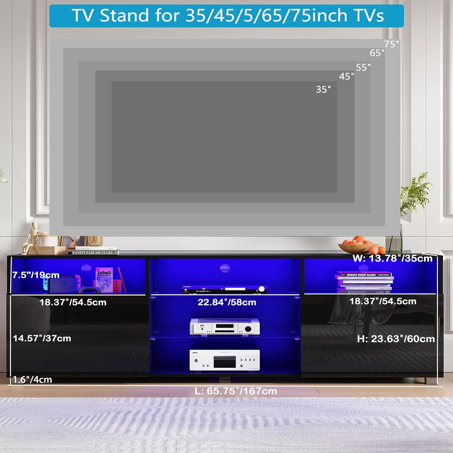 Uspeedy Soporte de TV LED de 65 pulgadas para TV de 6570 pulgadas, soporte de TV negro brillante para sala de estar, moderno centro de